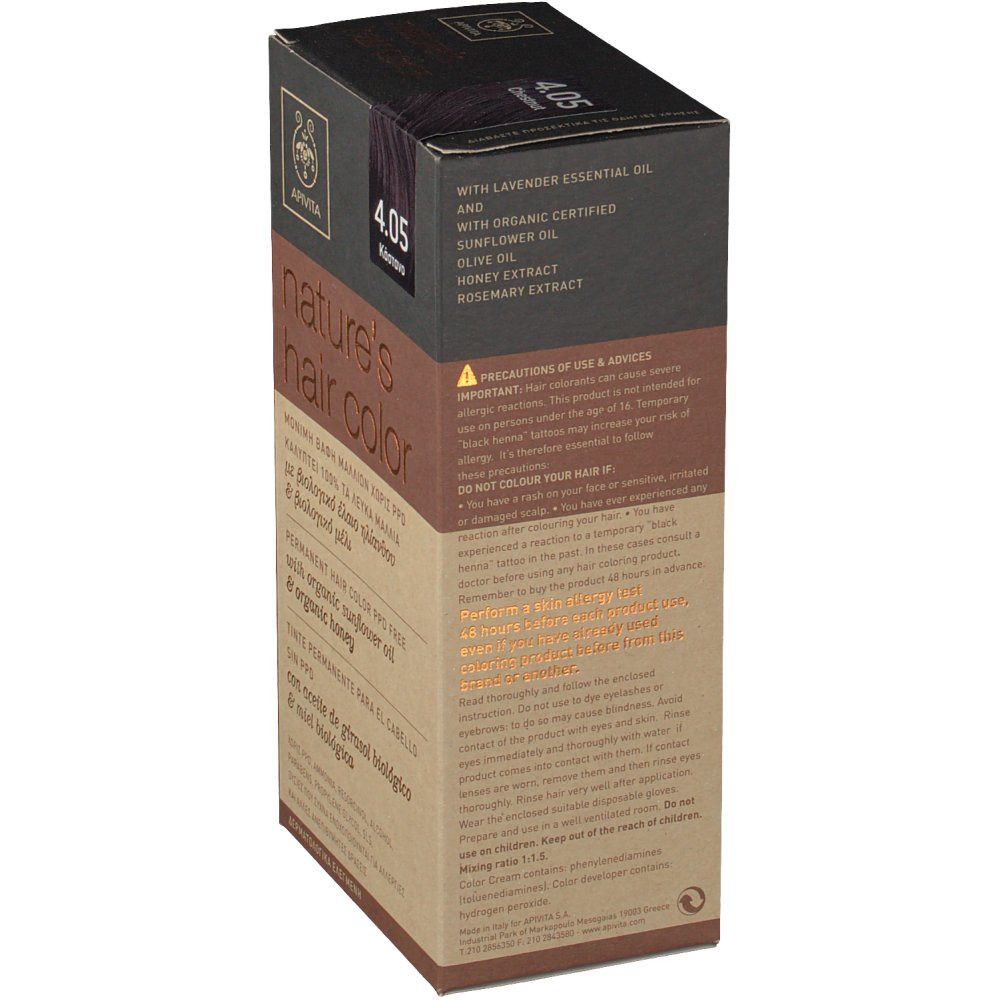 Scatola di tinta per capelli, vista laterale. Scritta: Nature's Hair Color. Contiene olio di lavanda, girasole, oliva, estratto di miele, rosmarino. Testo.