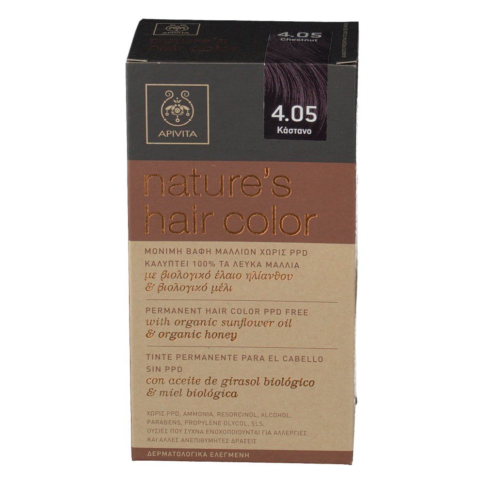 Scatola di tinta per capelli Apivita. Scritta: Nature's Hair Color, 4.05 Châtain. Contiene olio di girasole e miele. Testo multilingue.