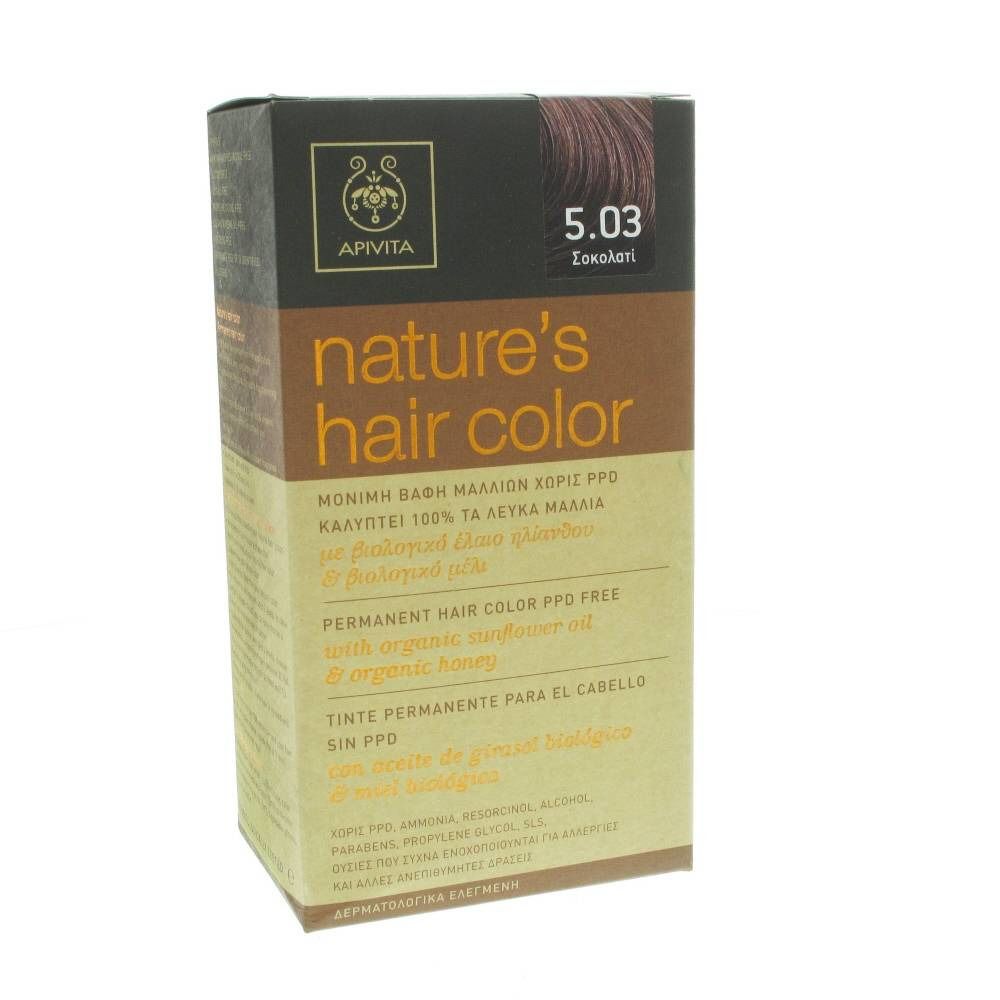 Scatola di tinta per capelli Apivita, tonalità 5.03 Cioccolato. Scritto: nature's hair color. Senza PPD, con olio di girasole e miele.