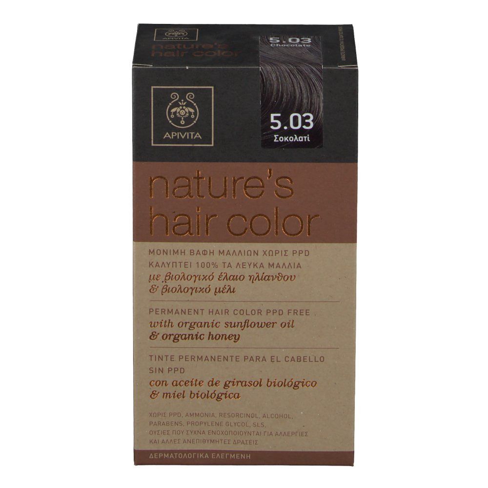 Scatola di tinta per capelli Apivita, tonalità 5.03 Cioccolato. Scritto: nature's hair color. Senza PPD, con olio di girasole e miele.