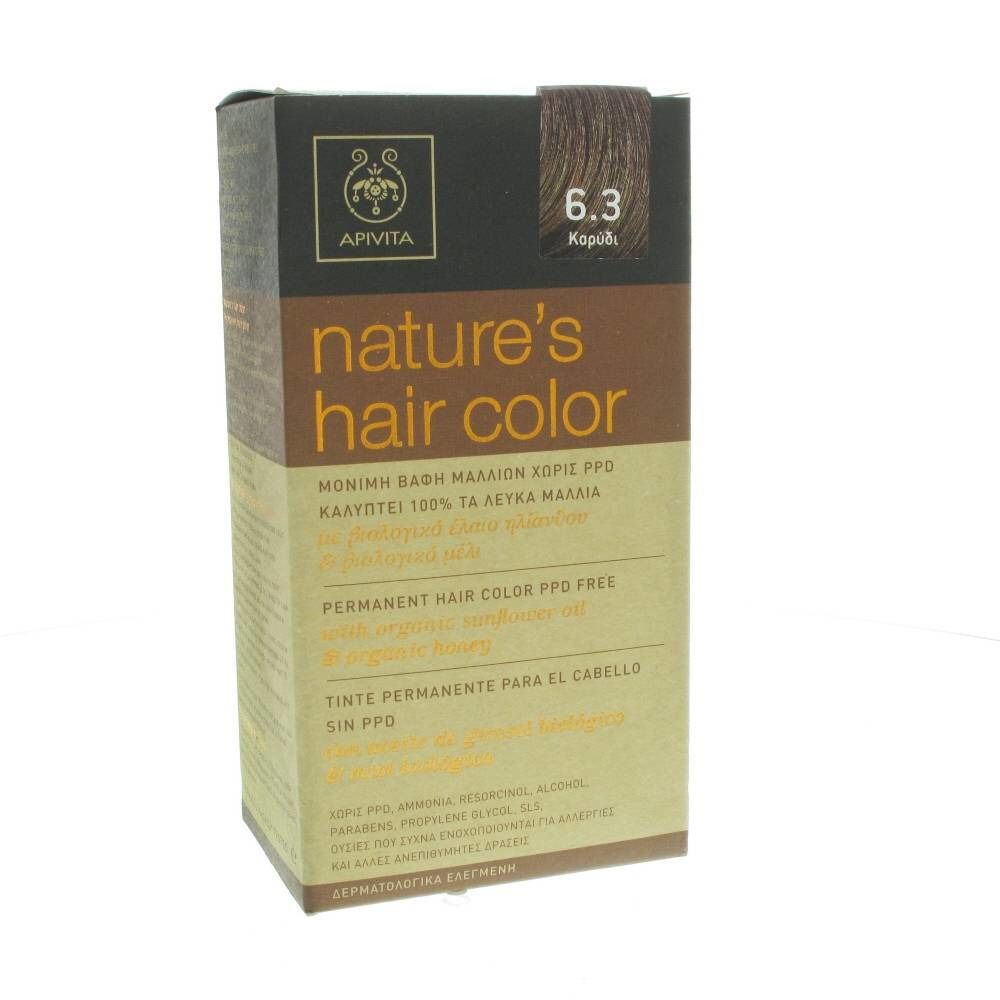 Scatola per tinture per capelli. Scritta: Apivita, nature's hair color, 6.3. Senza PPD. Confezione marrone-beige.