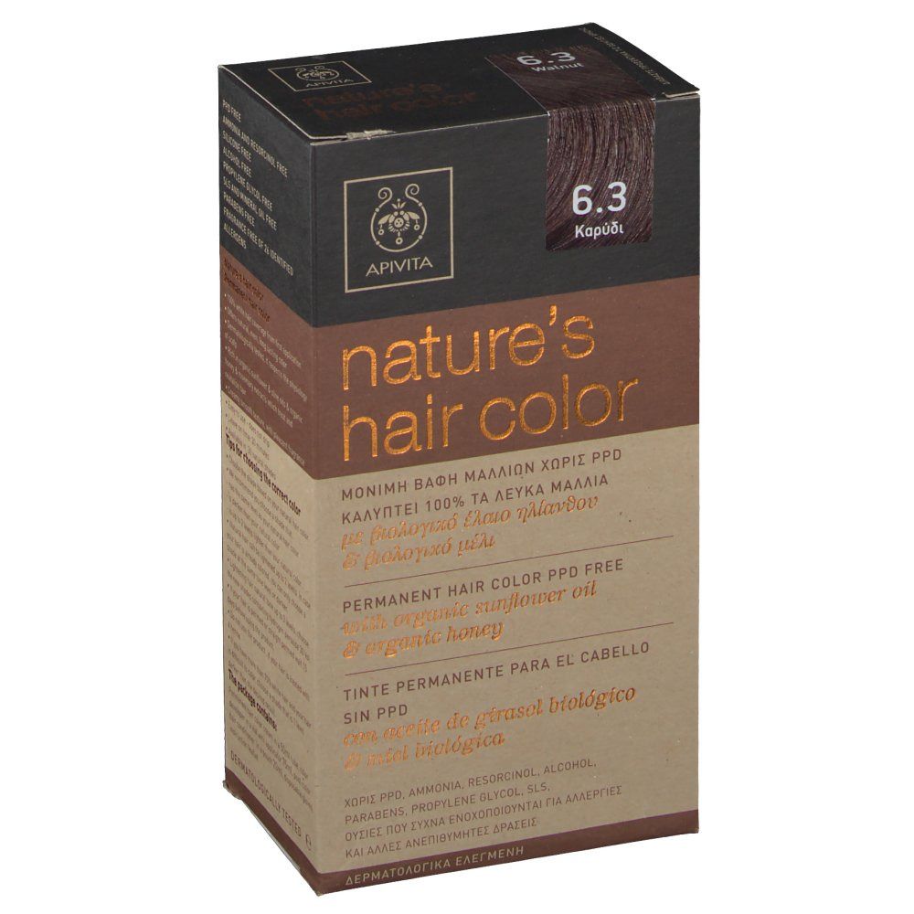Scatola per tinture per capelli. Scritta: Apivita, nature's hair color, 6.3. Senza PPD. Con olio di girasole e miele.