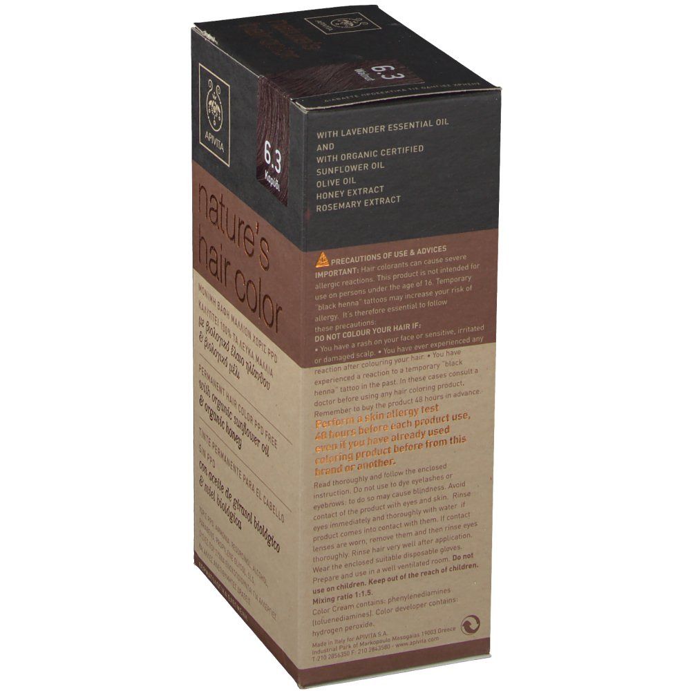 Scatola per tinture per capelli. Scritta: nature's hair color, 6.3. Con olio di lavanda, girasole, oliva, miele, rosmarino.
