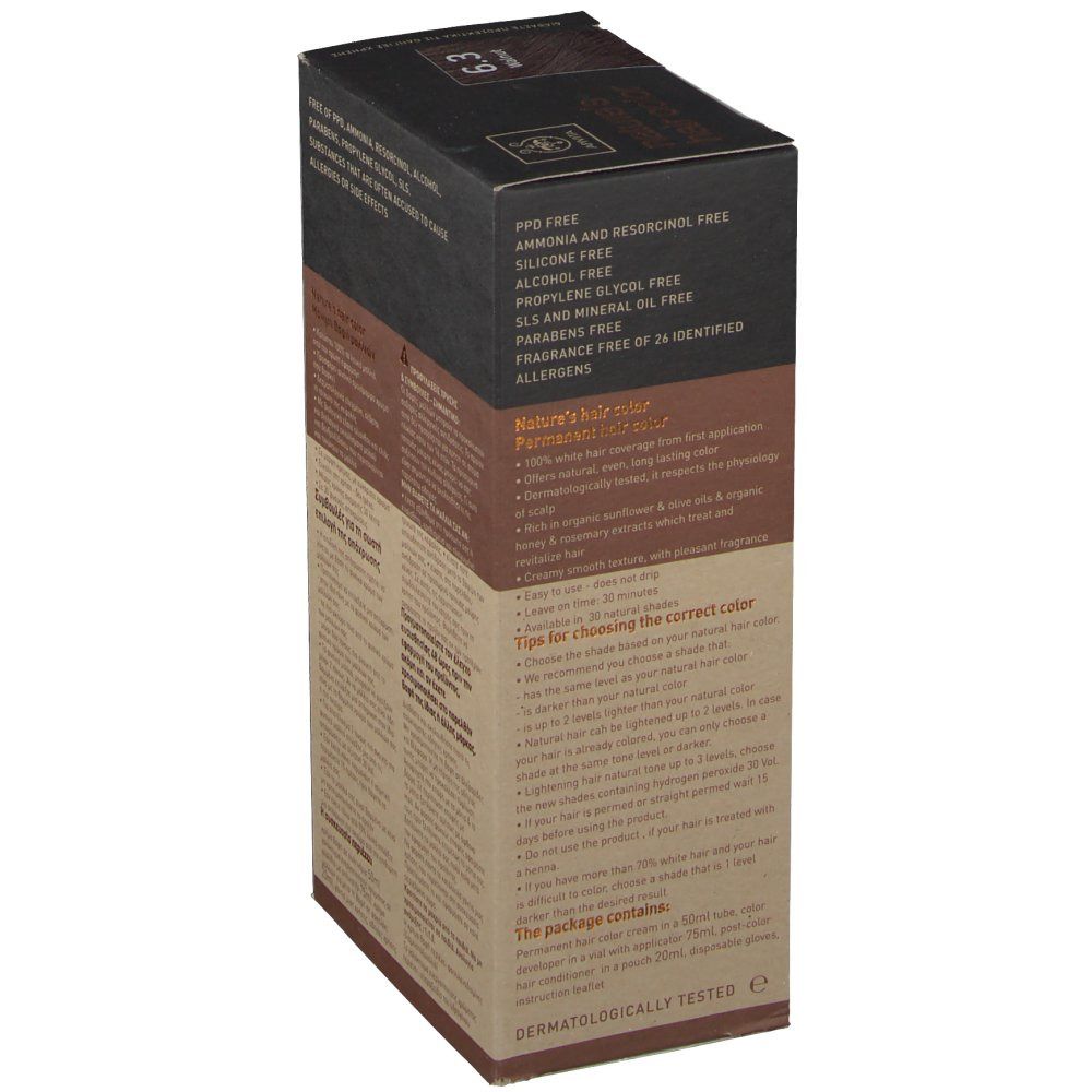 Scatola per tinture per capelli. Scritta: Senza PPD, silicone, alcool, glicole propilenico, SLS, olio minerale, parabeni. Retro.
