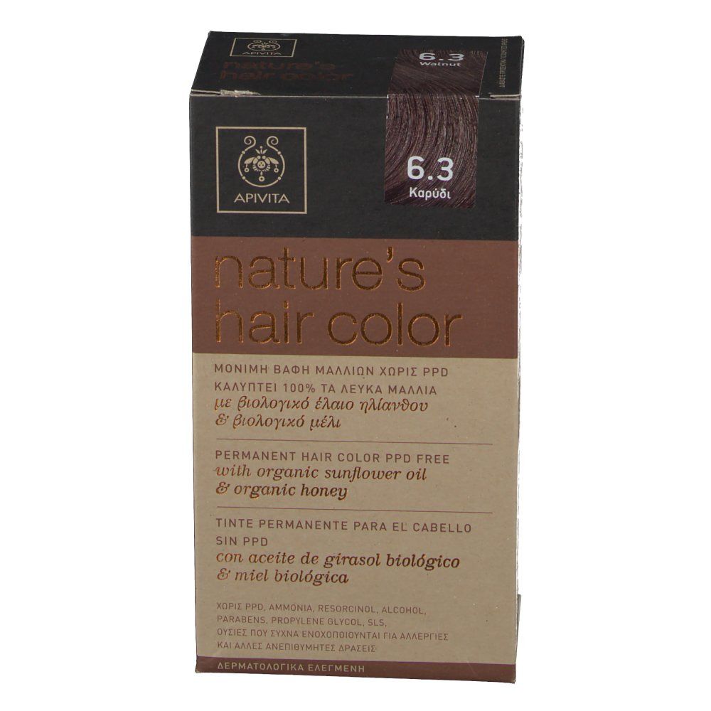 Scatola per tinture per capelli. Scritta: Apivita, nature's hair color, 6.3. Senza PPD. Con olio di girasole e miele. Marrone-beige.