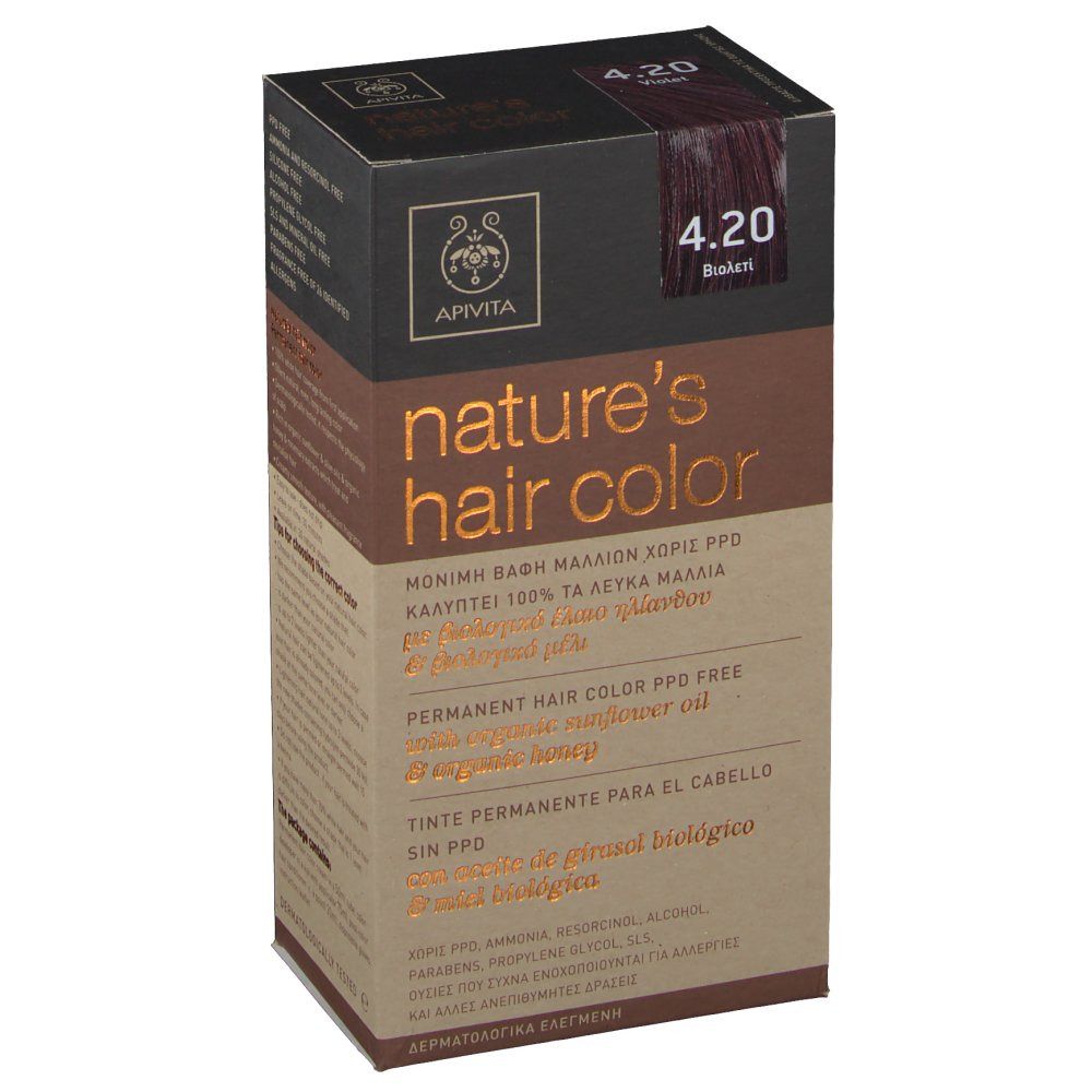 APIVITA Tinta per capelli No. 4.20 Bruno violaceo. Scatola con informazioni e logo. Vista obliqua.