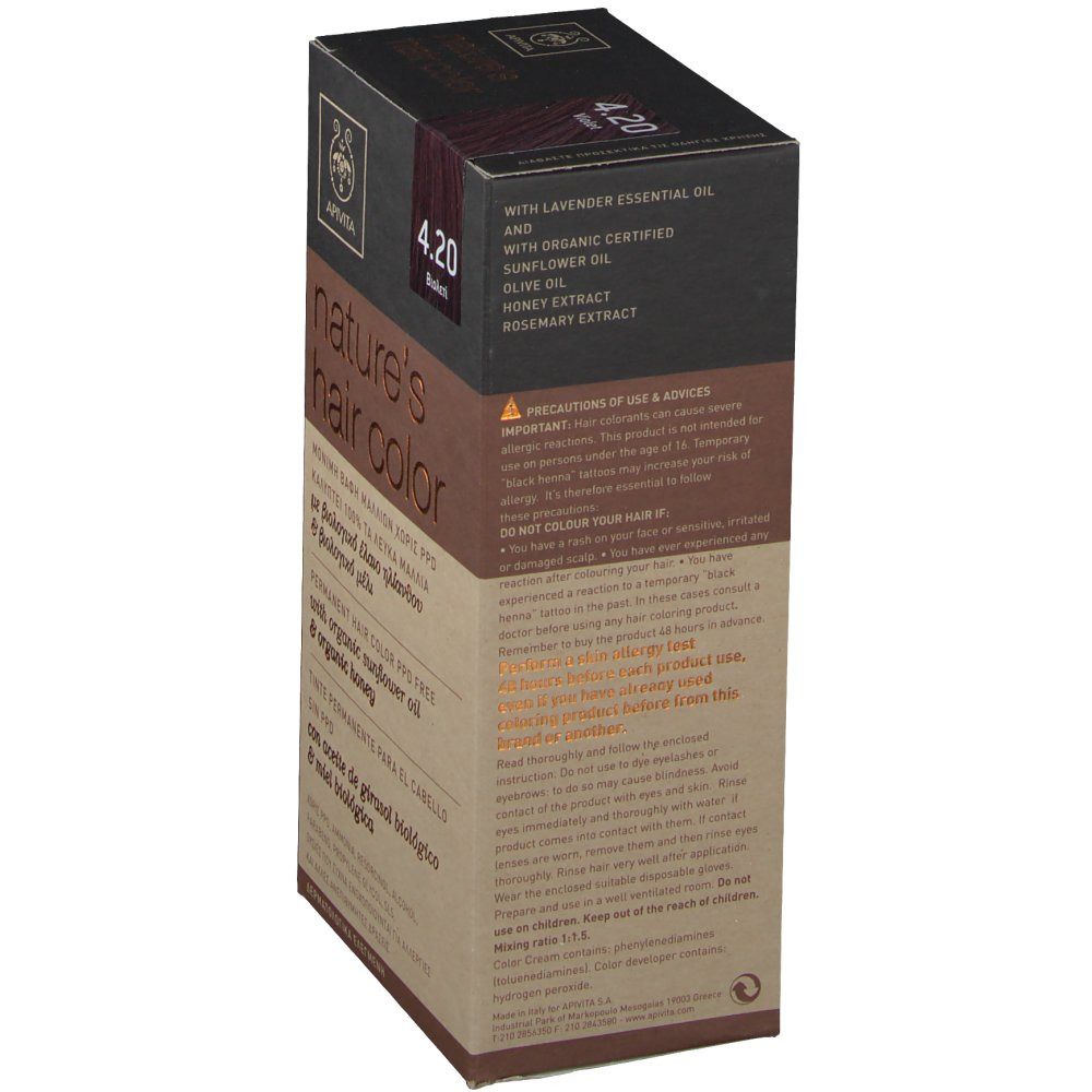 APIVITA Tinta per capelli No. 4.20 Bruno violaceo. Scatola con informazioni e logo. Vista laterale.
