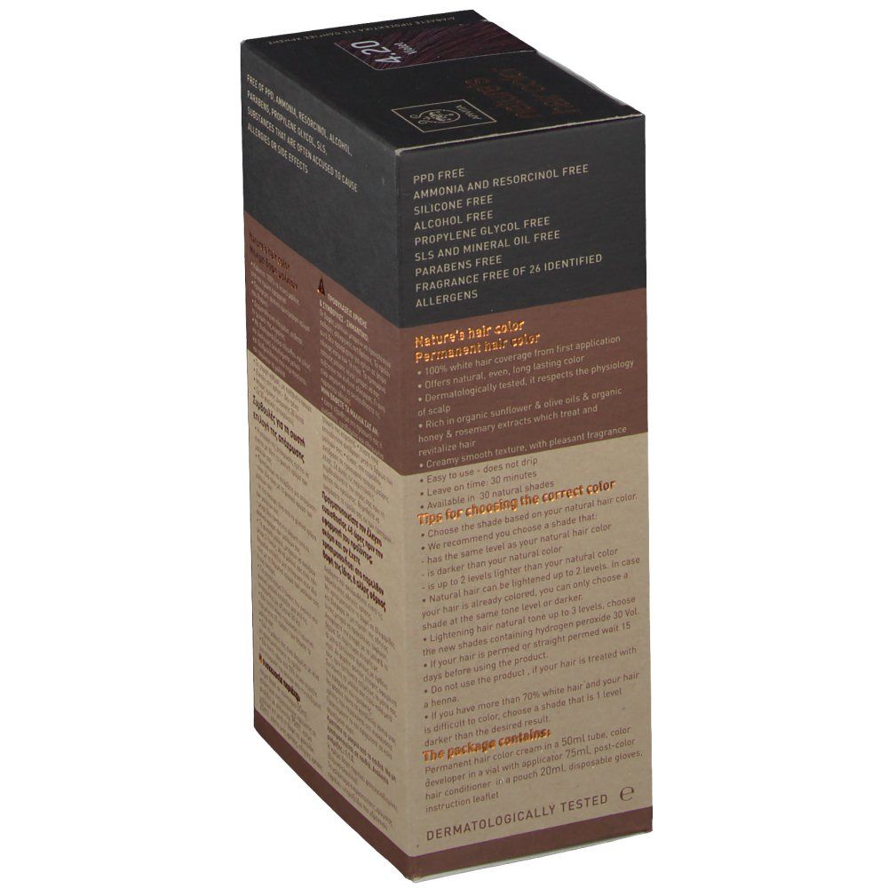 APIVITA Tinta per capelli No. 4.20 Bruno violaceo. Scatola con informazioni e logo. Vista dettagliata.