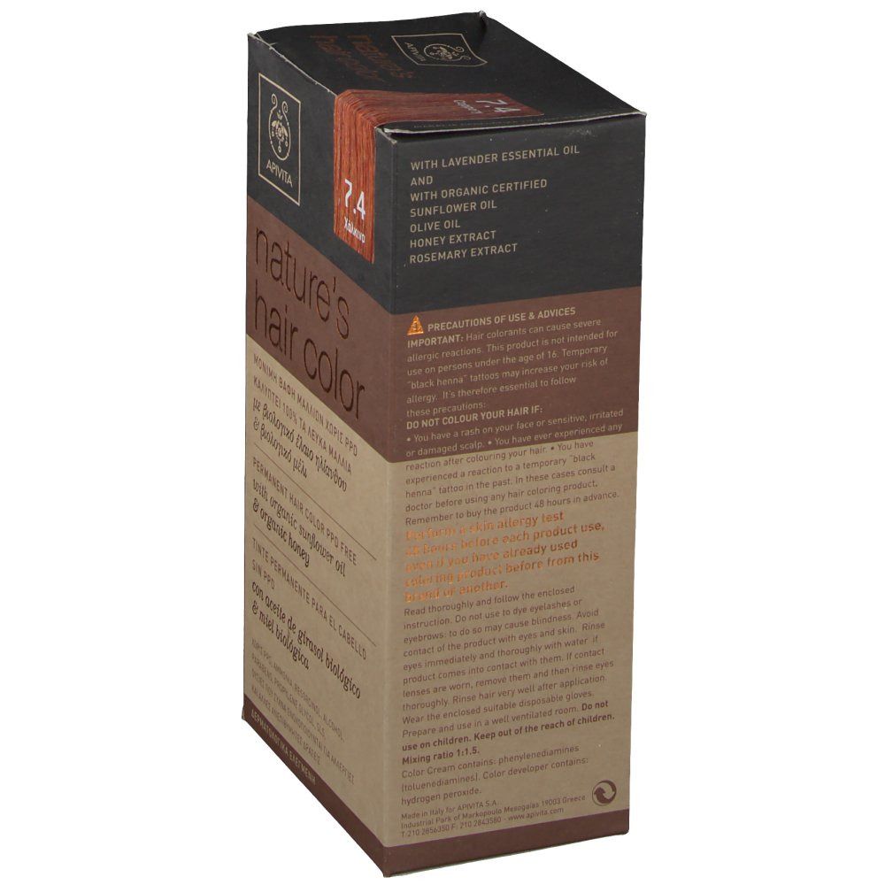 Retro scatola Apivita Colorazione Capelli. Contiene olio di lavanda, girasole, oliva, miele, rosmarino. Testo multilingue.