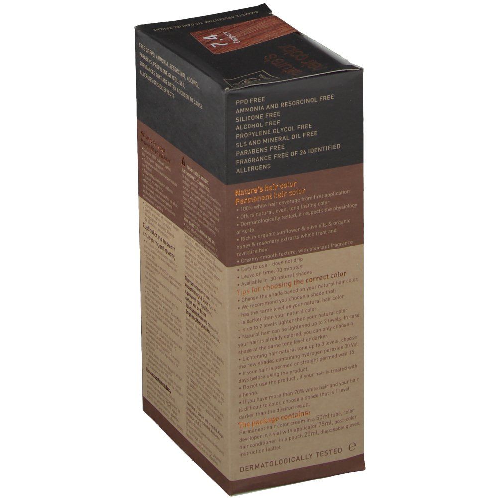 Retro scatola Apivita Colorazione Capelli. Senza PPD, ammoniaca, resorcina, alcool, parabeni, ecc. Testato dermatologicamente.