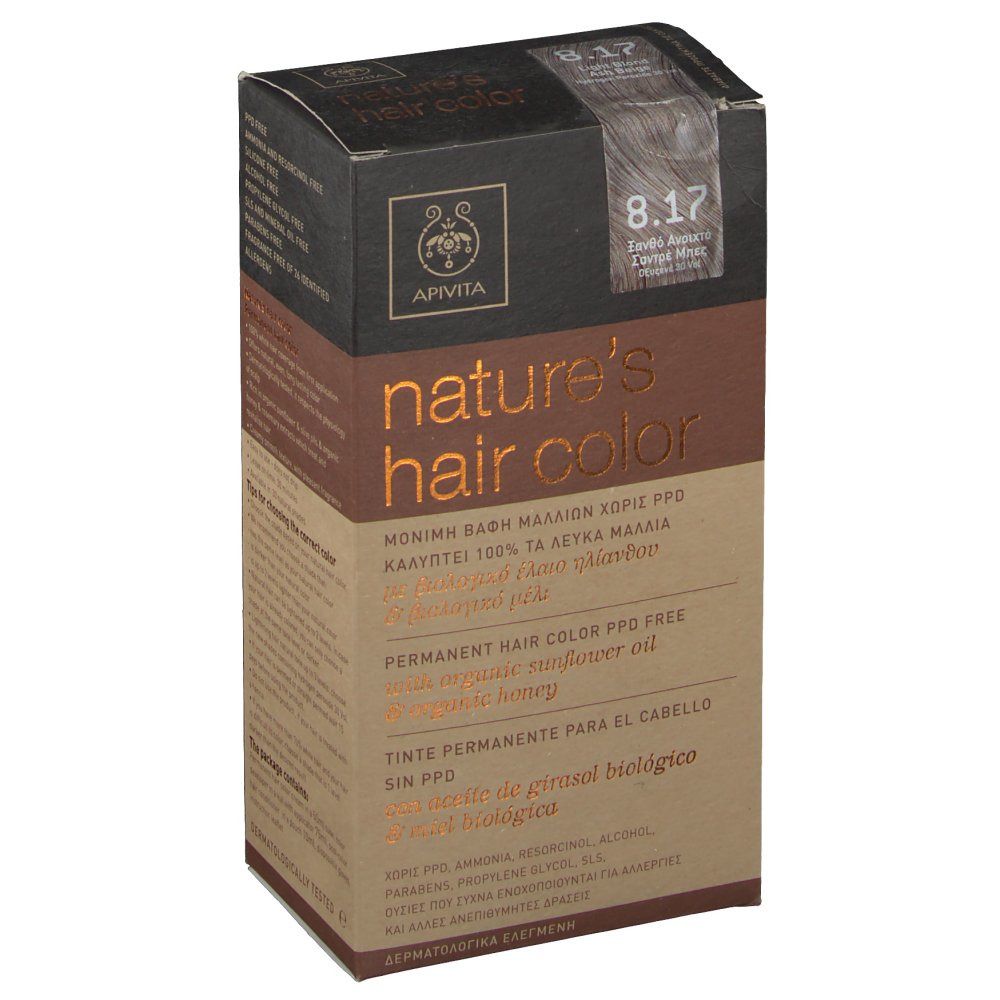 Scatola Apivita Coloration Capillaire N8.17. Informazioni e numero colore. Vista angolata.