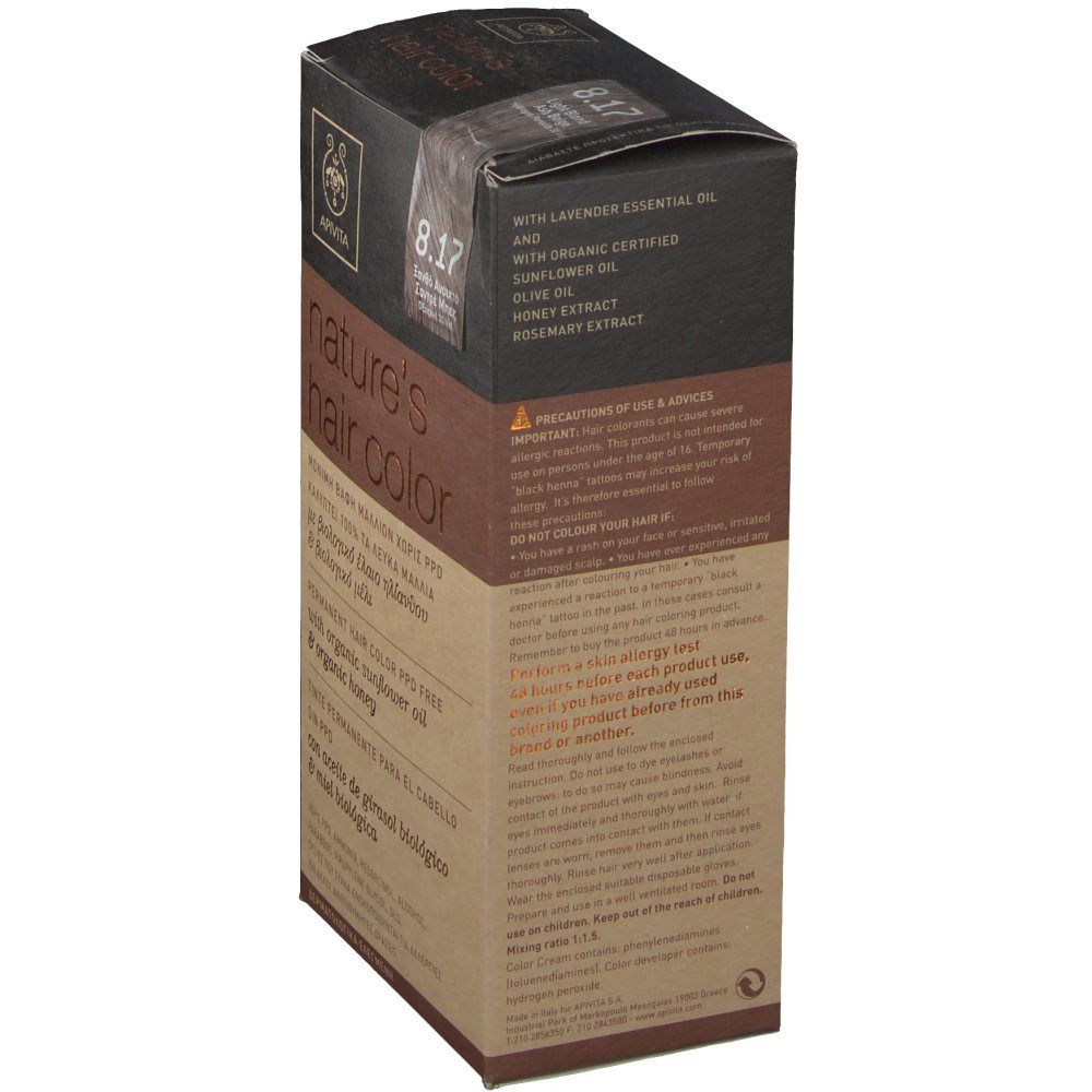Scatola Apivita Coloration Capillaire N8.17. Informazioni prodotto. Vista laterale con testo.