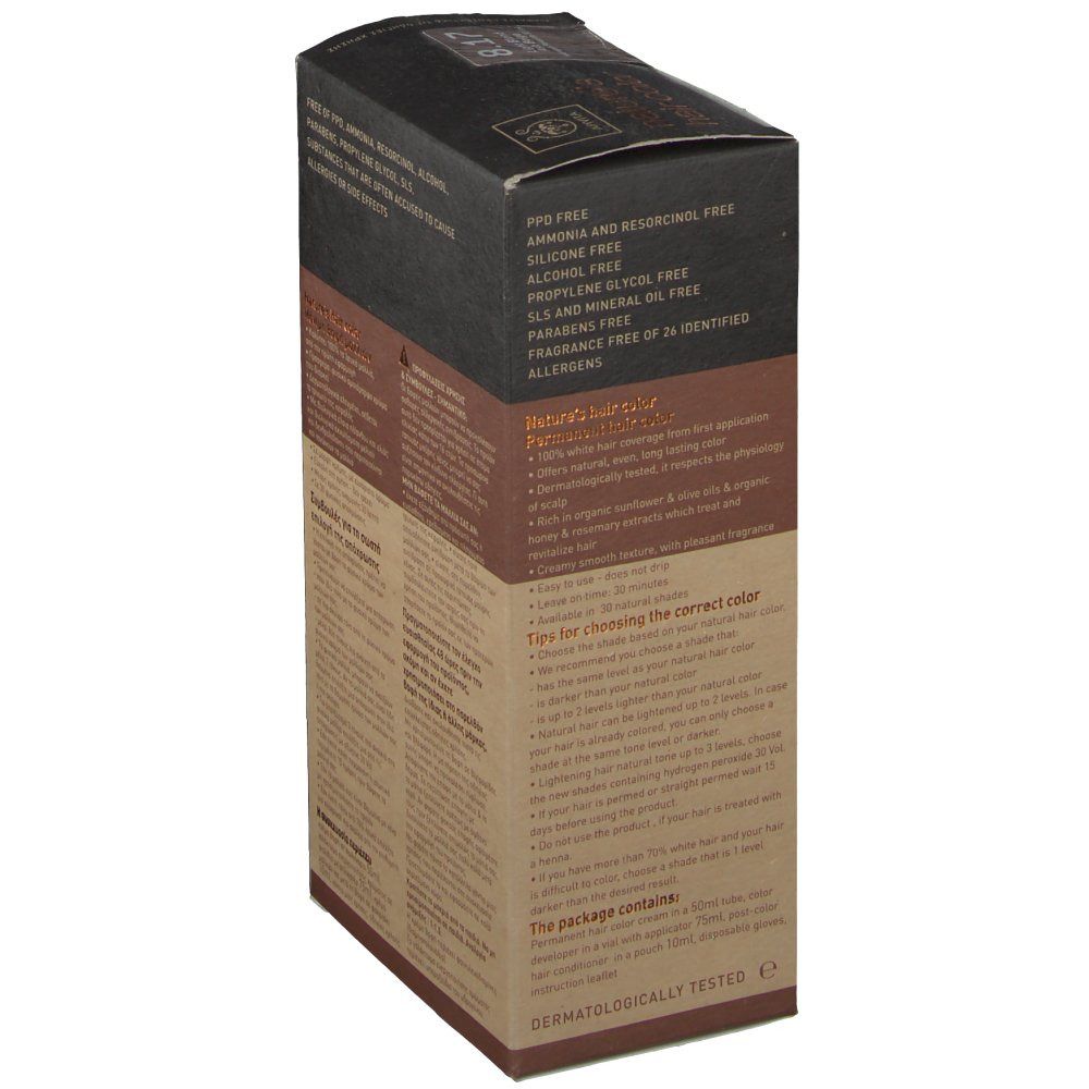 Scatola Apivita Coloration Capillaire N8.17. Informazioni prodotto. Vista laterale con testo.