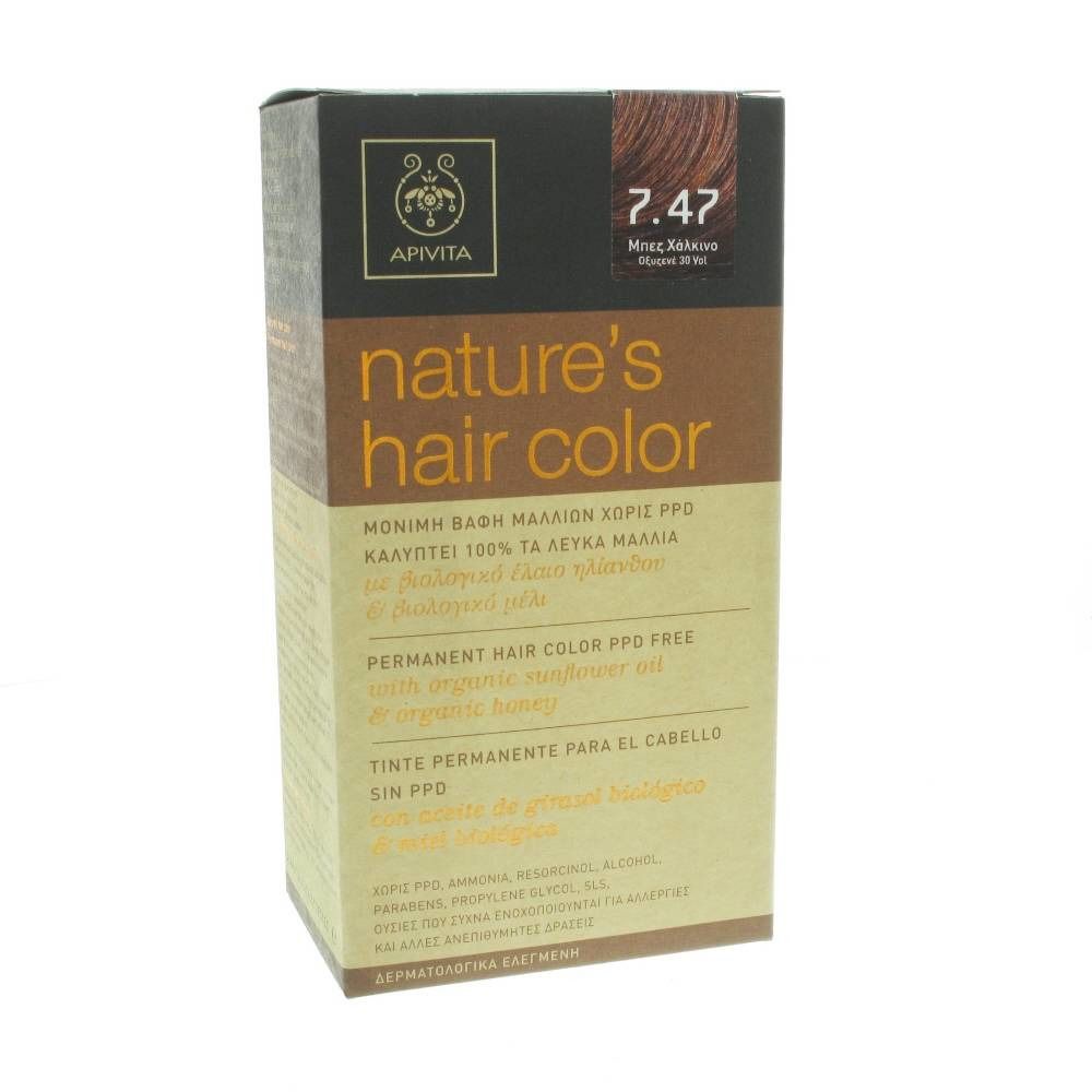 Scatola di colorazione per capelli. Scritte: Apivita, nature's hair color, tonalità 7.47.