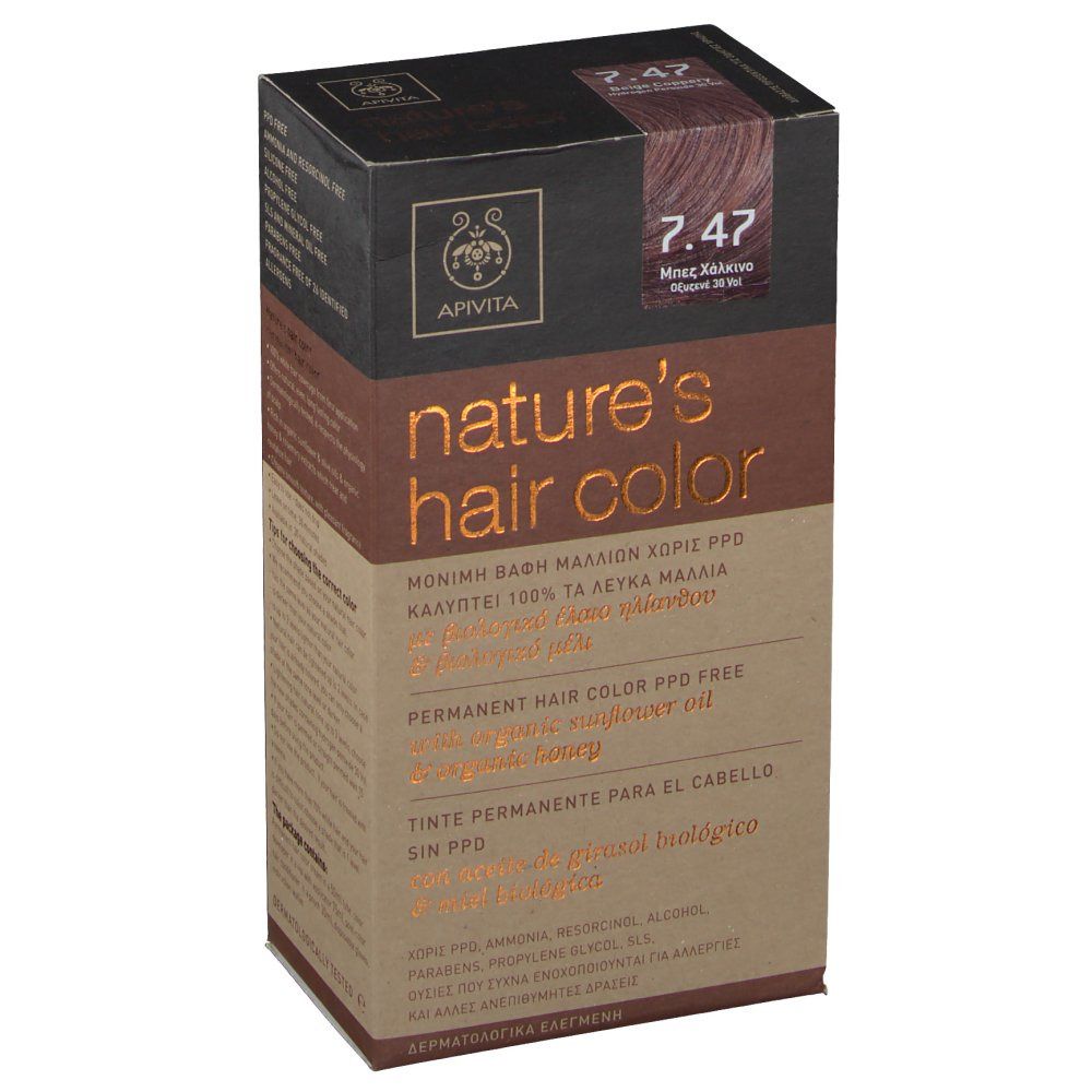 Scatola di colorazione per capelli, vista obliqua. Scritte: Apivita, nature's hair color, tonalità 7.47.