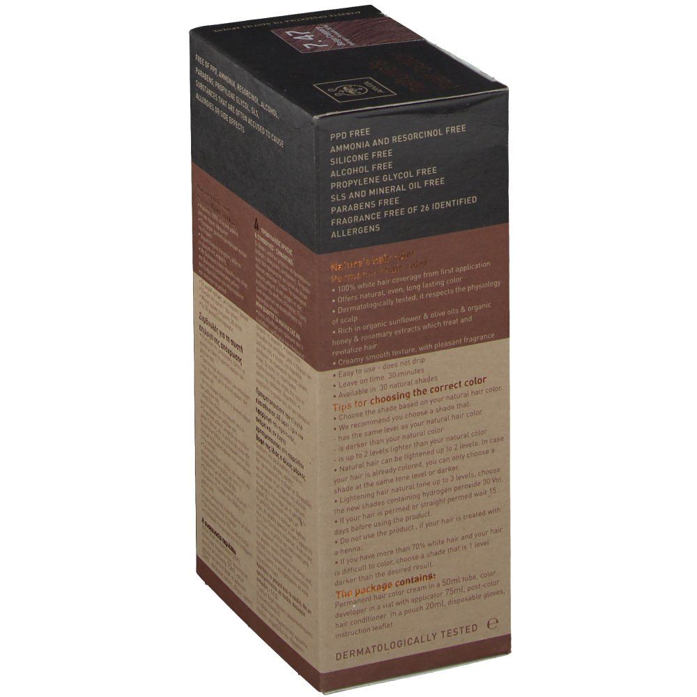Scatola di colorazione per capelli, vista posteriore obliqua. Scritte: nature's hair color, senza PPD, ingredienti, dermatologicamente testato.