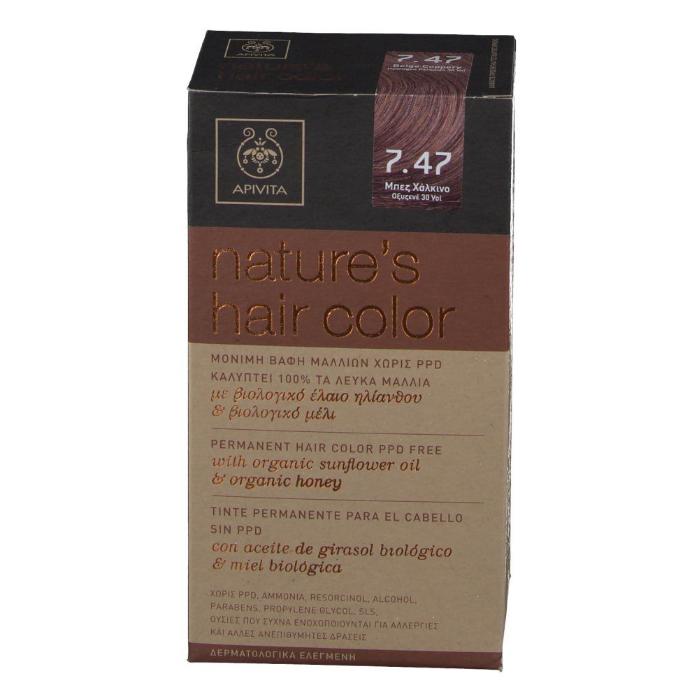 Scatola di colorazione per capelli, vista obliqua. Scritte: Apivita, nature's hair color, tonalità 7.47.