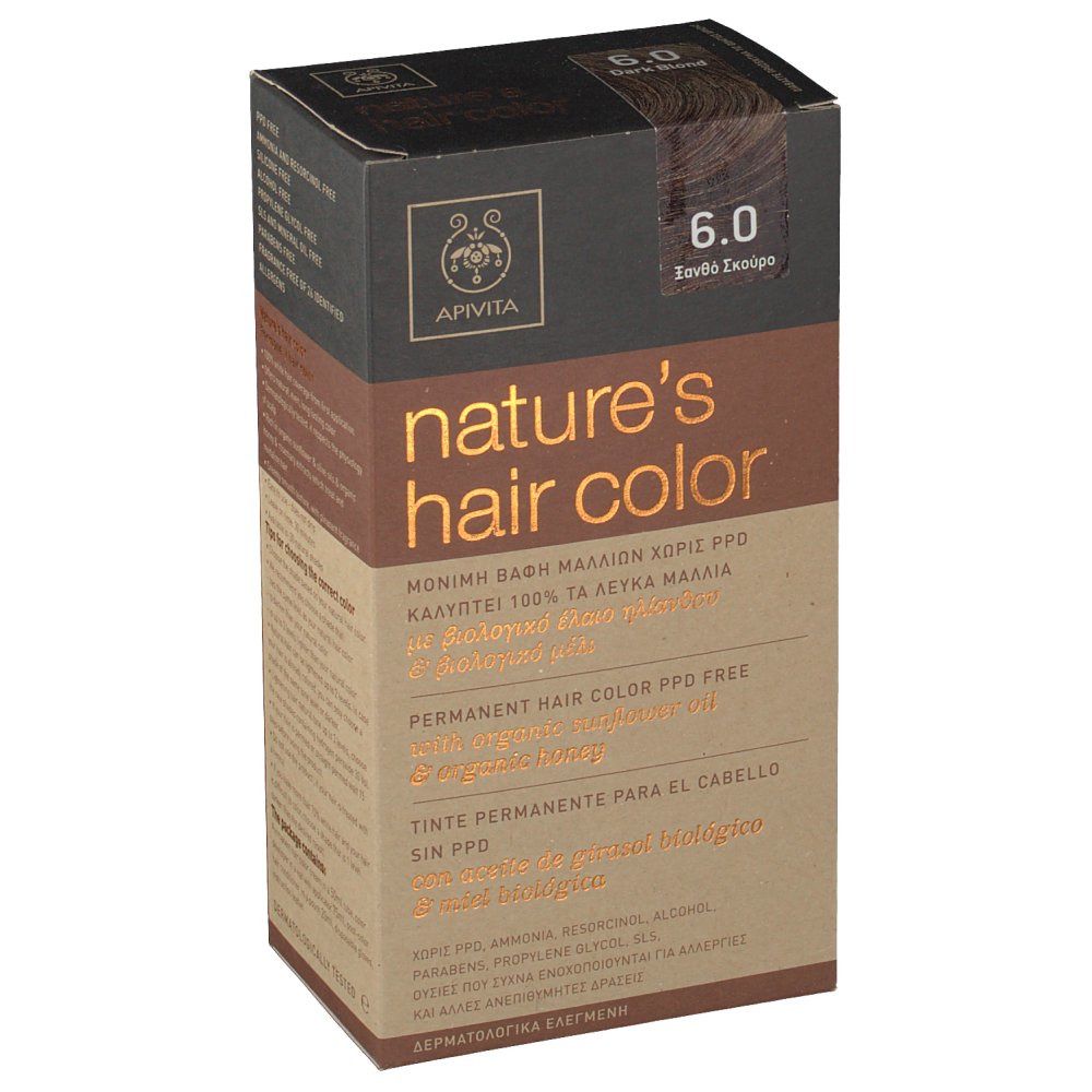 Confezione di tinta per capelli Apivita. Scritta: Nature's hair color, 6.0 Blond Fonce. Senza PPD, con olio di girasole e miele.