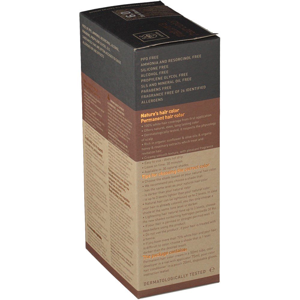 Vista laterale della confezione di tinta. Informazioni sugli ingredienti e l'uso. Senza PPD, ammoniaca, resorcina, alcol, parabeni, glicole propilenico, SLS.