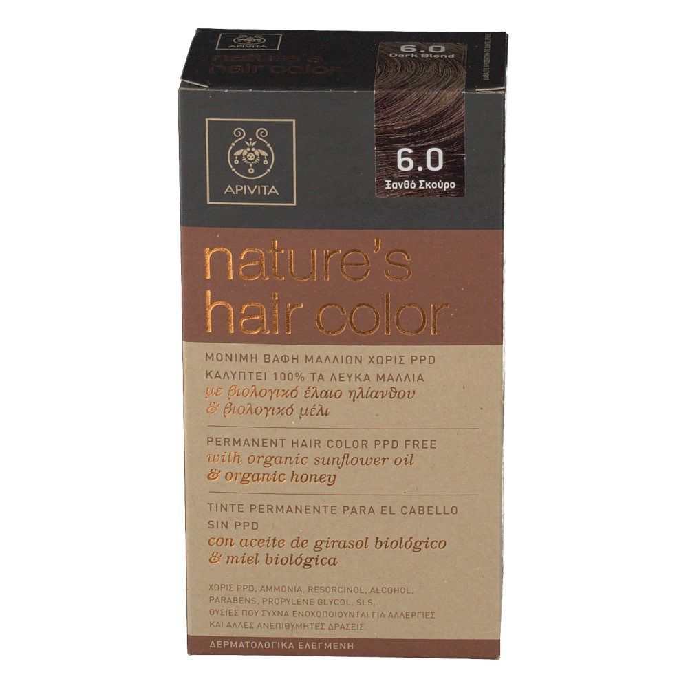 Vista frontale della confezione di tinta. Scritta: Apivita, Nature's Hair Color, 6.0 Blond Fonce. Senza PPD, con olio di girasole e miele.