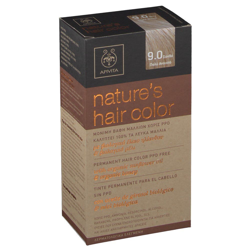 Confezione APIVITA nature's hair color. Informazioni sul prodotto e tonalità 9.0 Biondo chiarissimo. Marrone e beige.