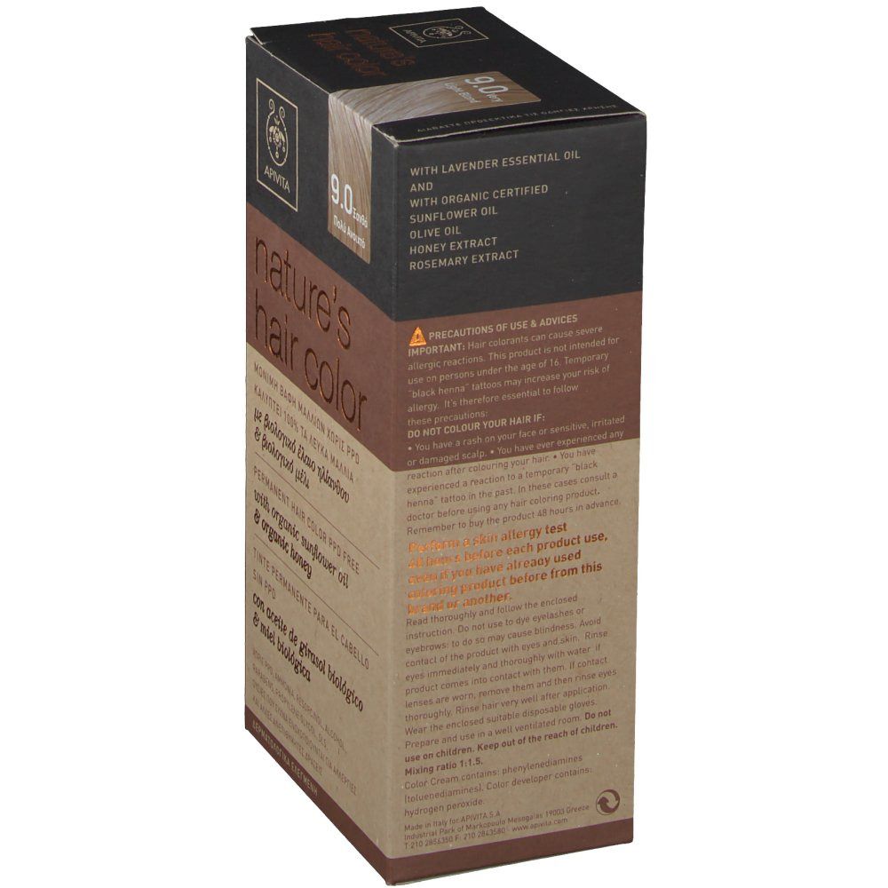 Lato della confezione APIVITA nature's hair color. Ingredienti e avvertenze. Marrone e beige.