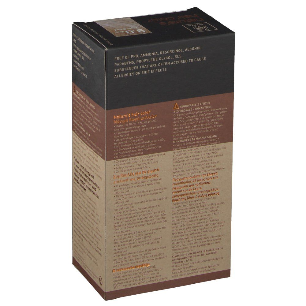 Retro della confezione APIVITA nature's hair color. Testo multilingue. Marrone e beige.