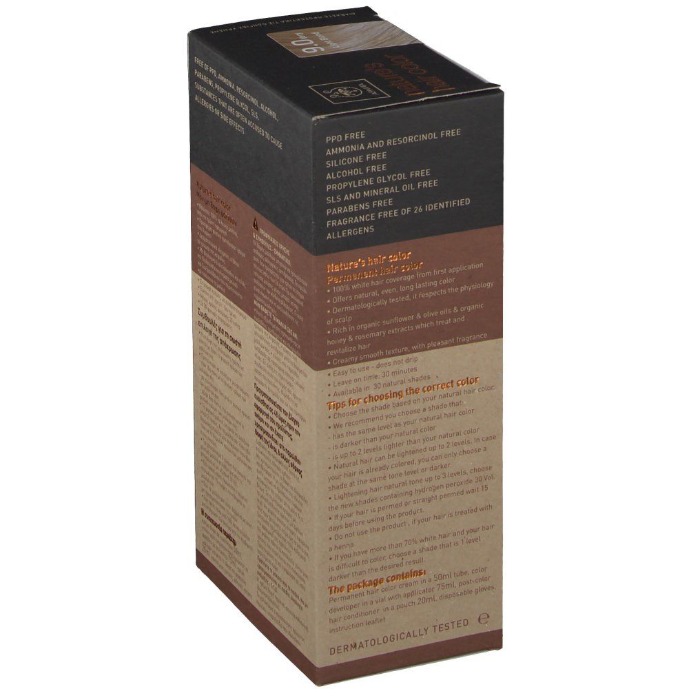 Lato della confezione APIVITA nature's hair color. Caratteristiche e ingredienti. Marrone e beige.