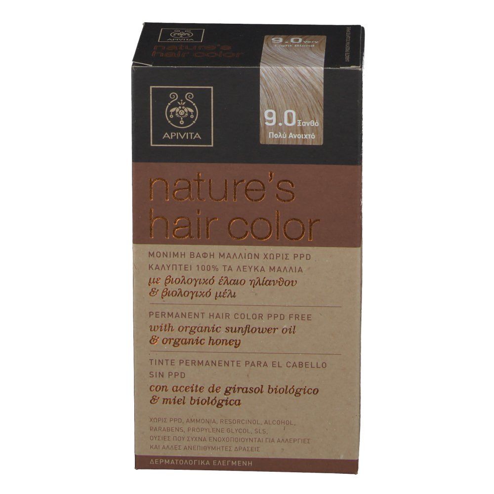 Confezione APIVITA nature's hair color. Informazioni sul prodotto e tonalità 9.0 Biondo chiarissimo. Marrone e beige.