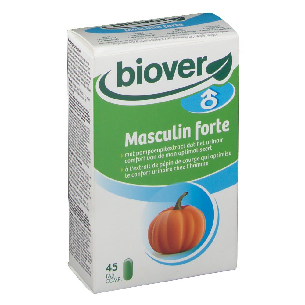 Confezione con campo verde e illustrazione di zucca. Testo: Masculin forte, 45 compresse. Marchio: Biover.