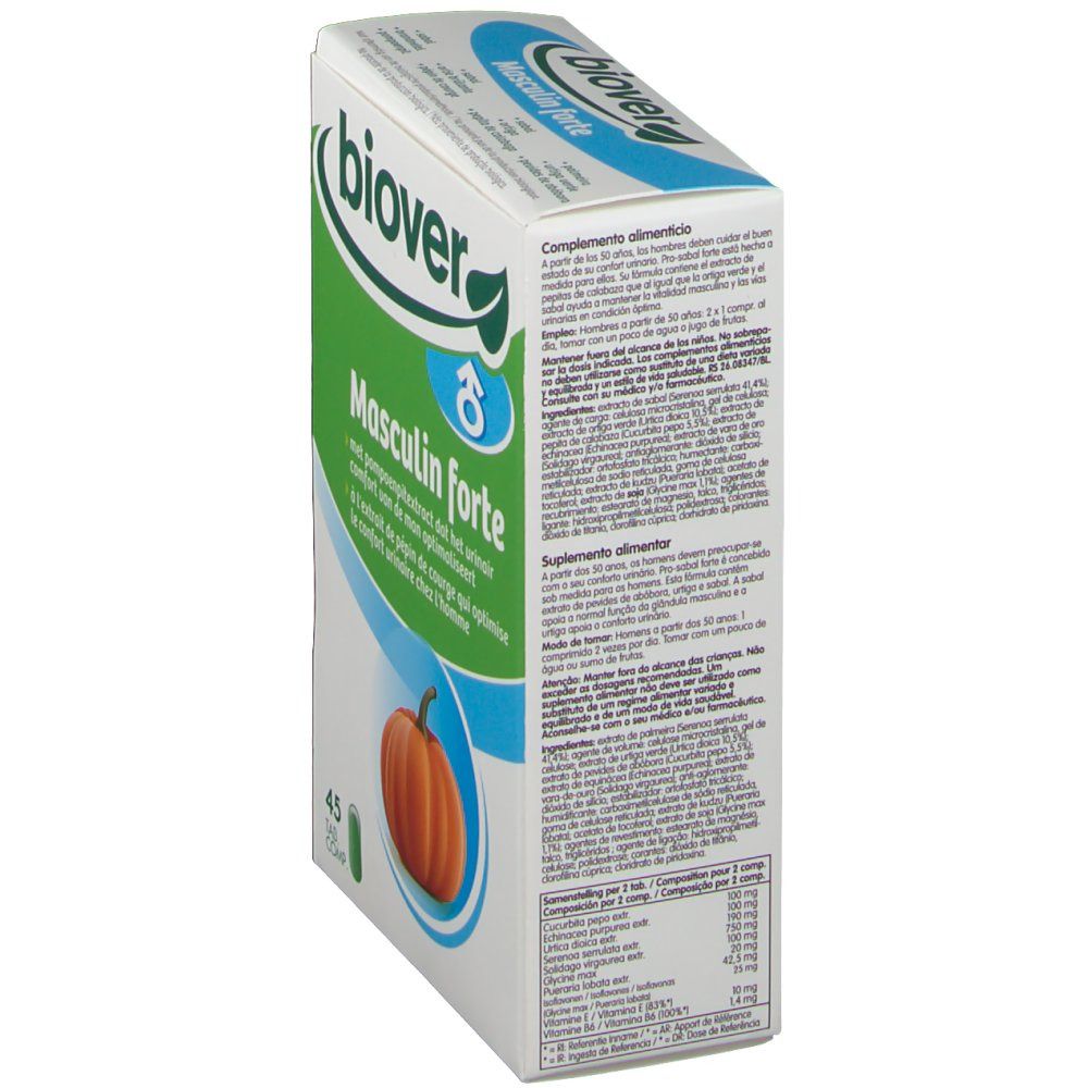 Vista laterale della confezione. Testo: Biover, Masculin forte. Contiene informazioni sugli ingredienti e il dosaggio.