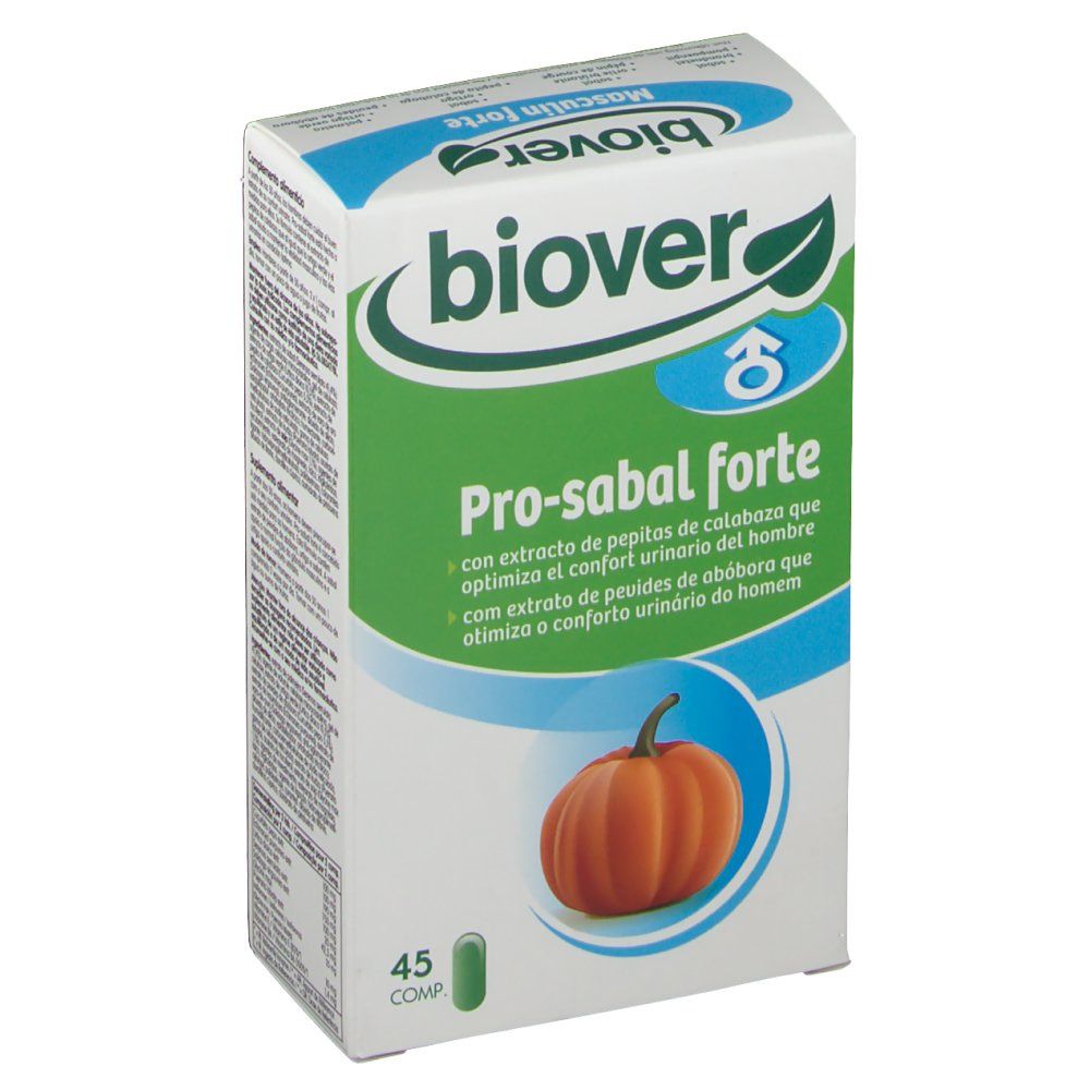 Confezione con campo verde e illustrazione di zucca. Testo: Pro-sabal forte, 45 compresse. Marchio: Biover.