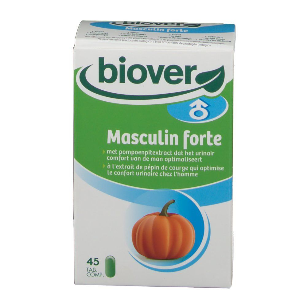 Confezione con campo verde e illustrazione di zucca. Testo: Masculin forte, 45 compresse. Marchio: Biover.