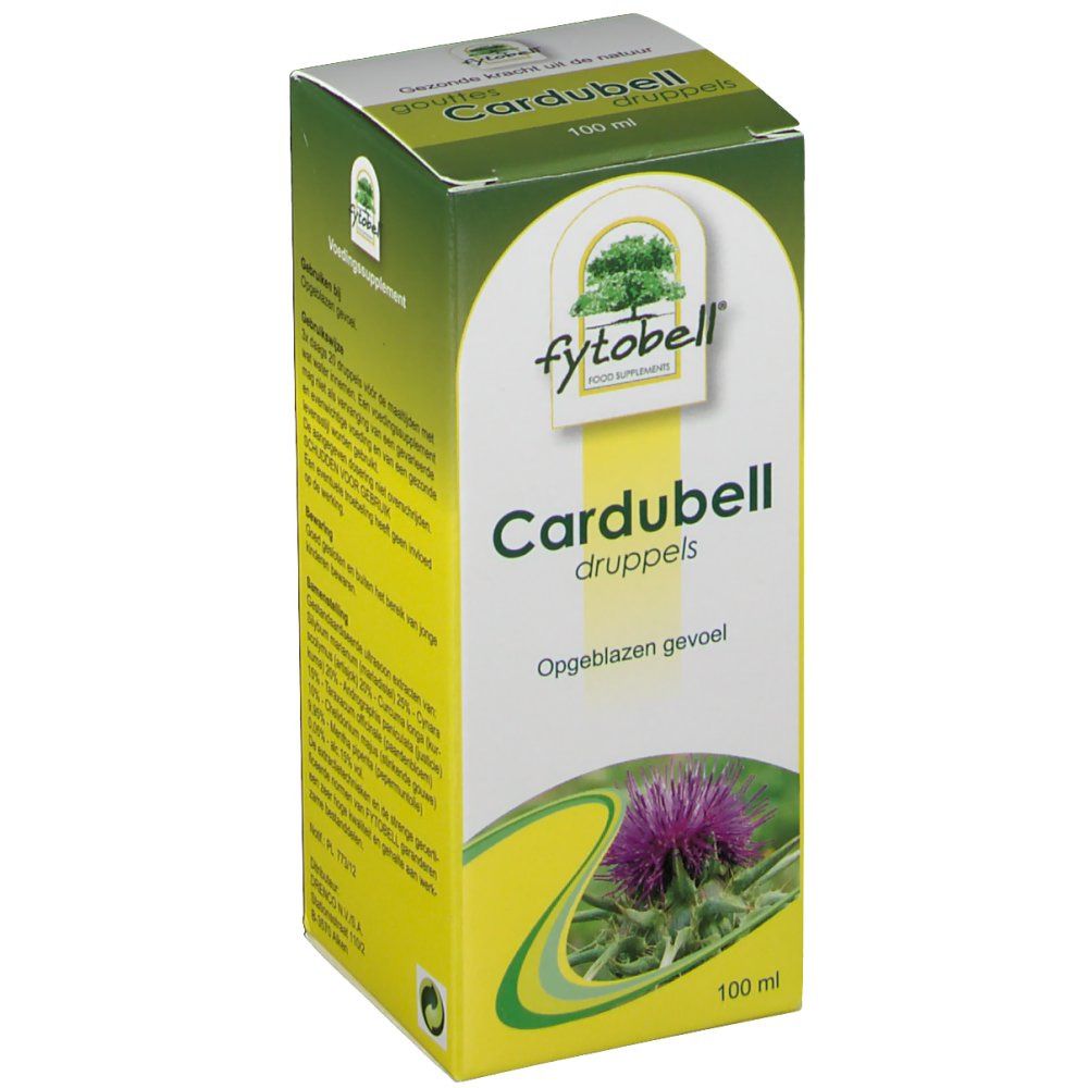 Scatola Fytobell Cardubell, gocce. Confezione giallo-verde con nome del prodotto e immagine di un cardo. 100 ml.