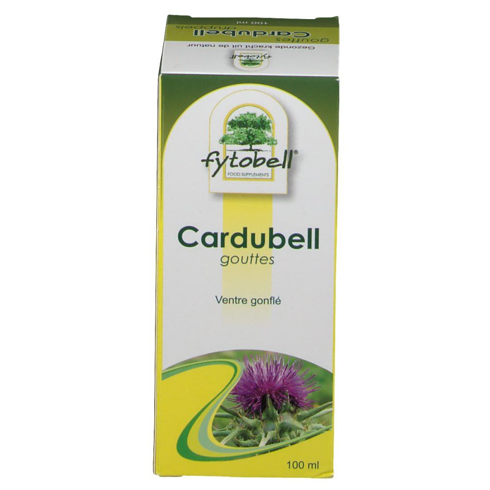 Scatola Fytobell Cardubell, gocce. Confezione giallo-verde con nome del prodotto e immagine di un cardo. 100 ml.