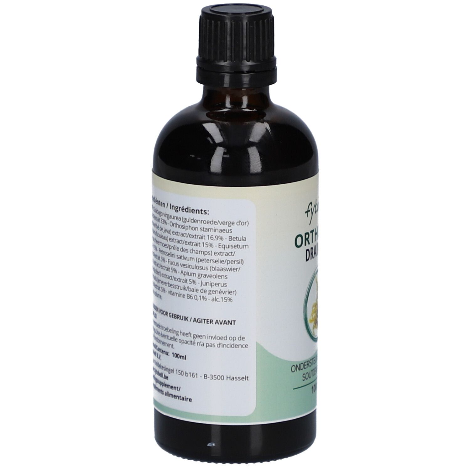 Flacone di vetro marrone con tappo nero. Etichetta con ingredienti. Testo: Orthoren Drainage, ingredienti, 100 ml.