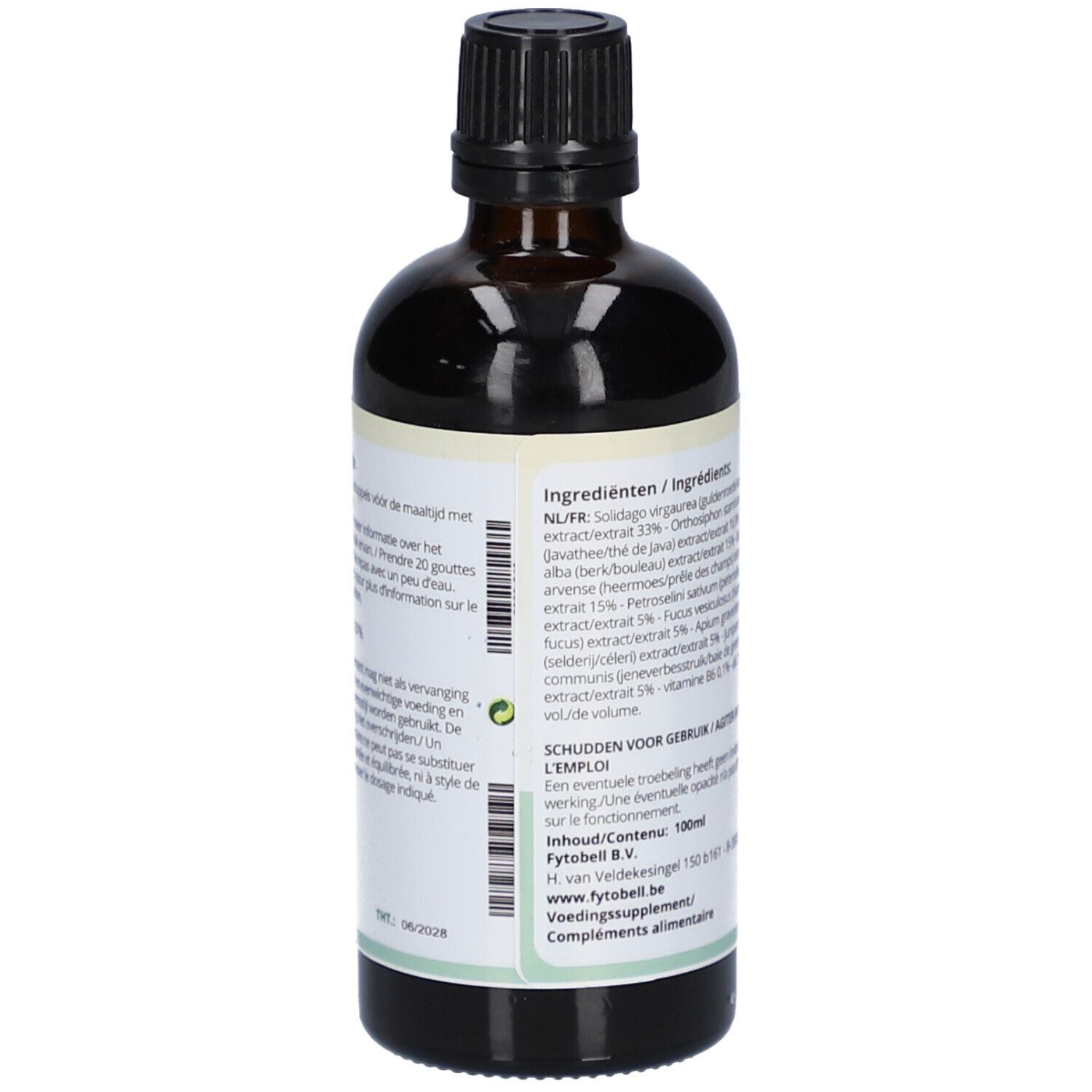 Flacone di vetro marrone con tappo nero. Etichetta con ingredienti. Testo: Orthoren Drainage, ingredienti, 100 ml.