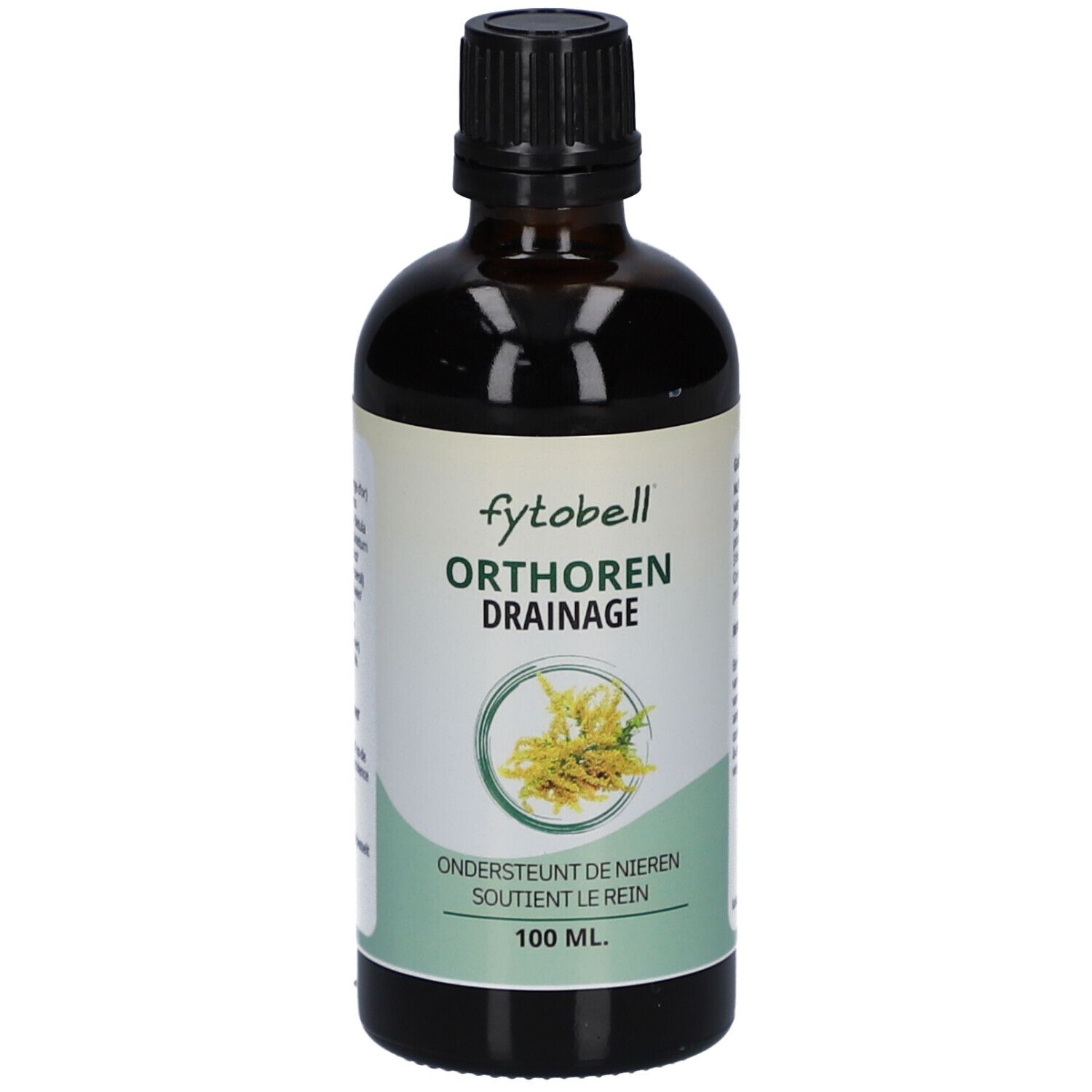 Flacone di vetro marrone con tappo nero. Etichetta con nome del prodotto e logo. Testo: Orthoren Drainage, supporta i reni.