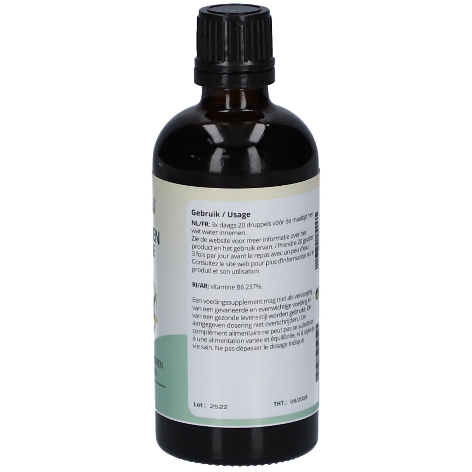 Flacone di vetro marrone con tappo nero. Etichetta con istruzioni per l'uso. Testo: Orthoren Drainage, uso, 100 ml.