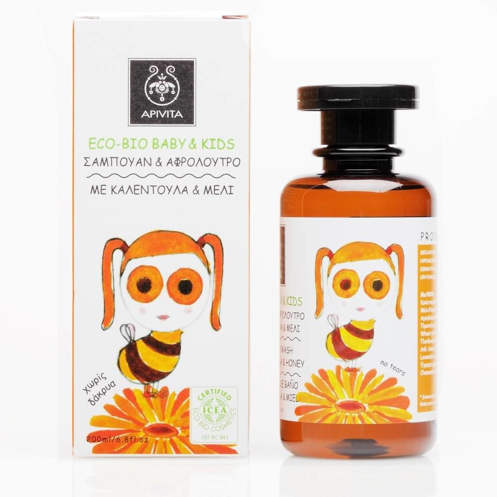 Flacone e scatola Apivita. Illustrazione di un'ape bambina su entrambi. Scritte in greco e inglese. Certificazione ICEA.
