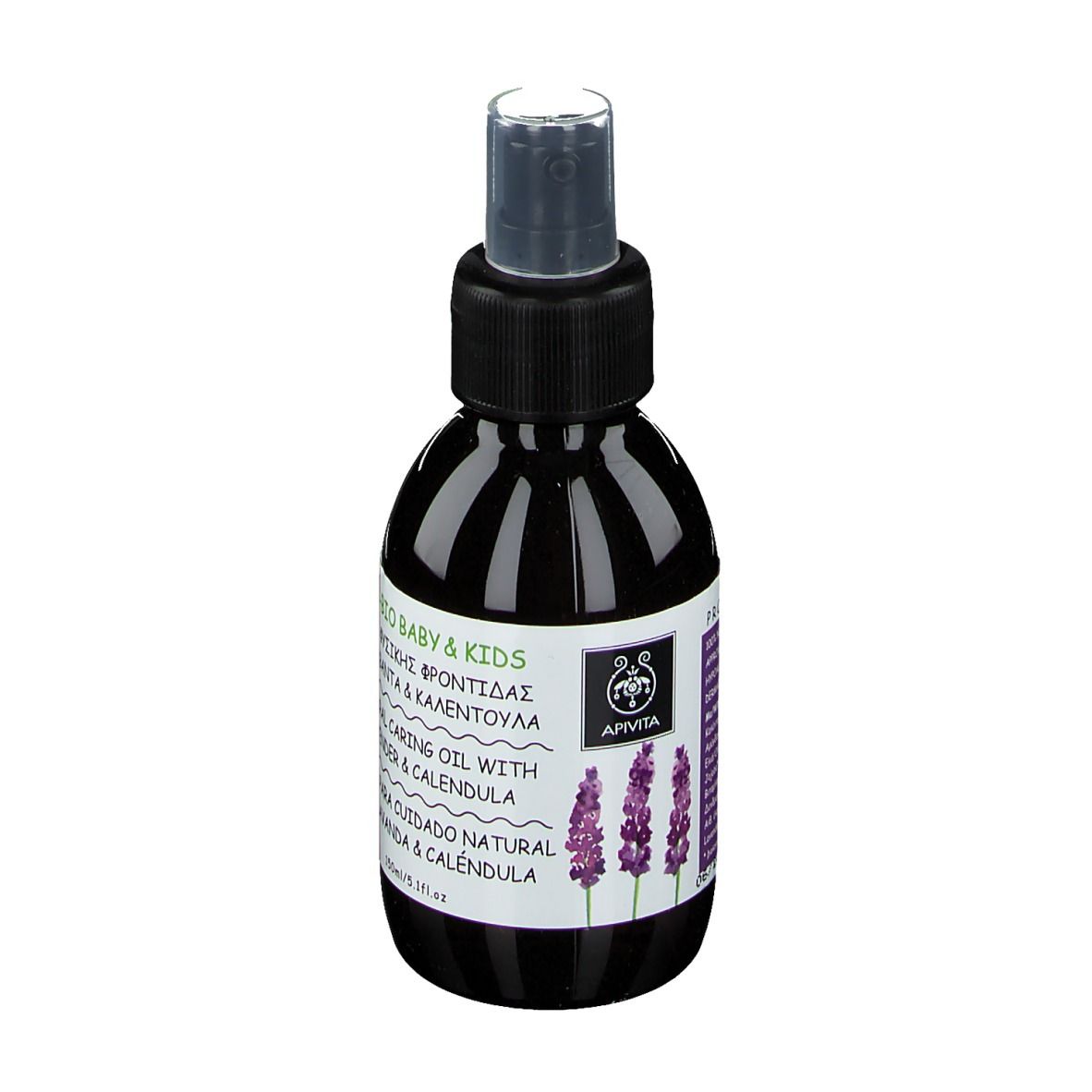 Flacone scuro con vaporizzatore. Scritta: ECO-BIO BABY & KIDS, Natural Caring Oil con Lavanda & Calendula. Logo Apivita.