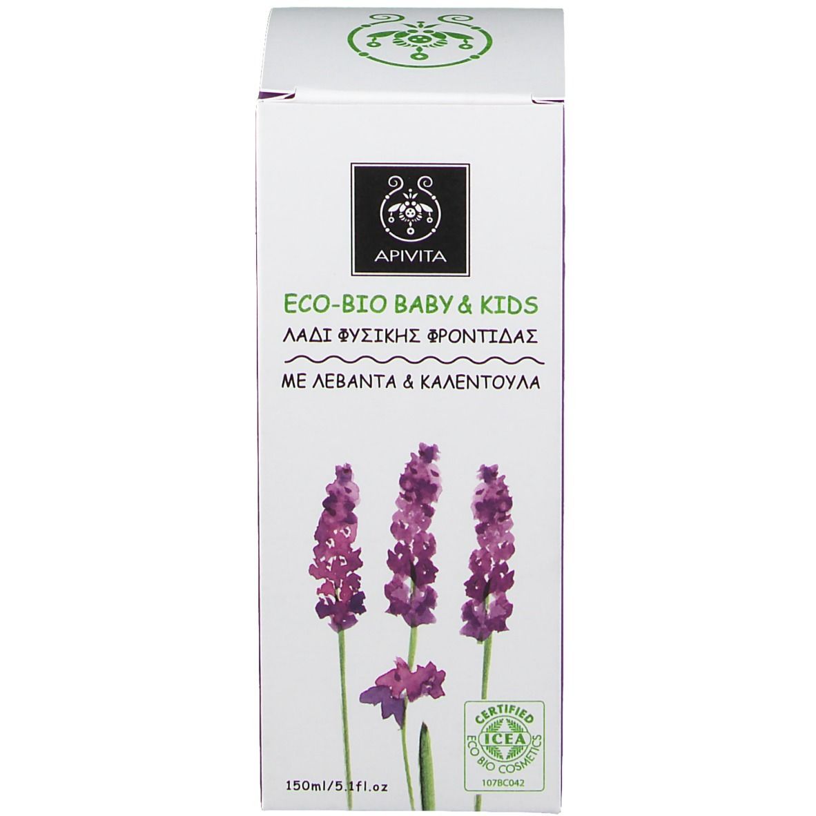 Confezione del prodotto. Scatola bianca con scritta: ECO-BIO BABY & KIDS, Natural Caring Oil. Logo Apivita. Certificazione.