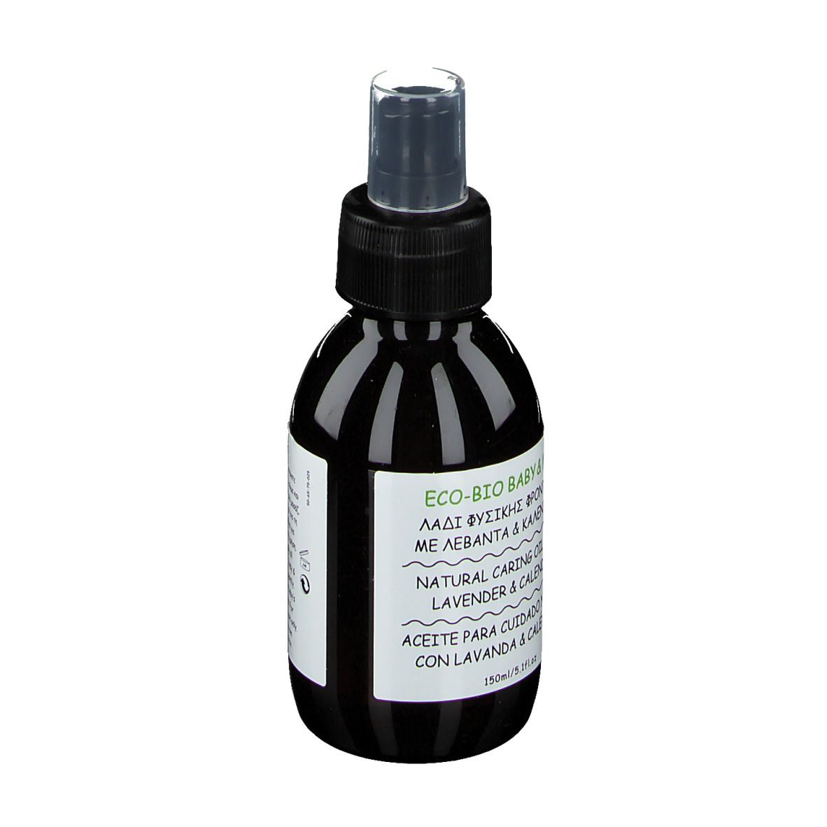 Flacone scuro con vaporizzatore. Scritta: ECO-BIO BABY & KIDS, Natural Caring Oil con Lavanda & Calendula. Logo Apivita.
