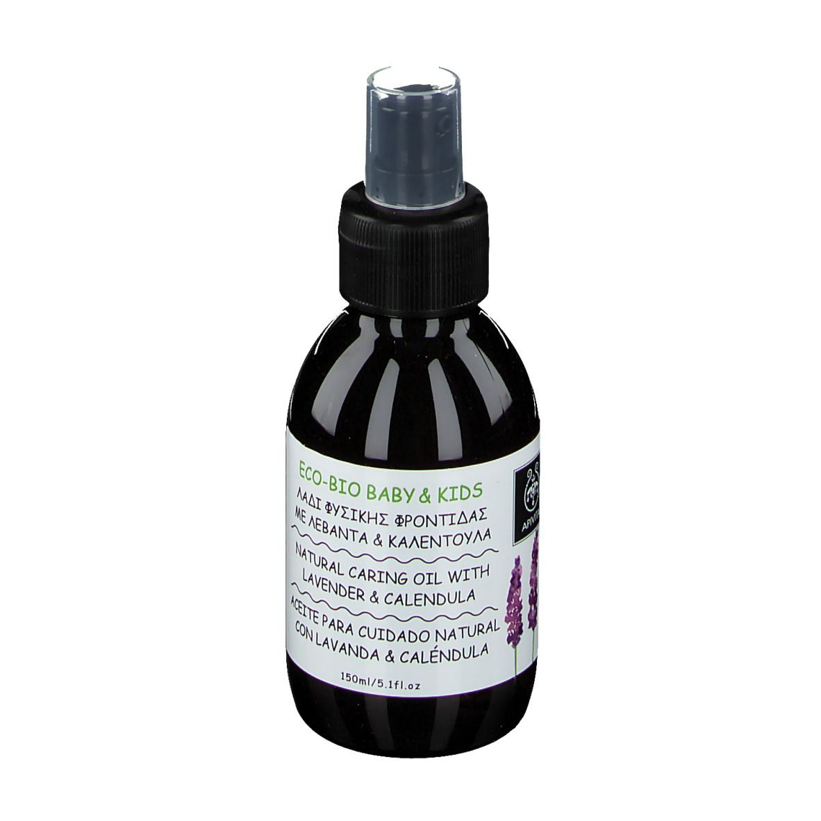 Flacone scuro con vaporizzatore. Scritta: ECO-BIO BABY & KIDS, Natural Caring Oil con Lavanda & Calendula. Logo Apivita.