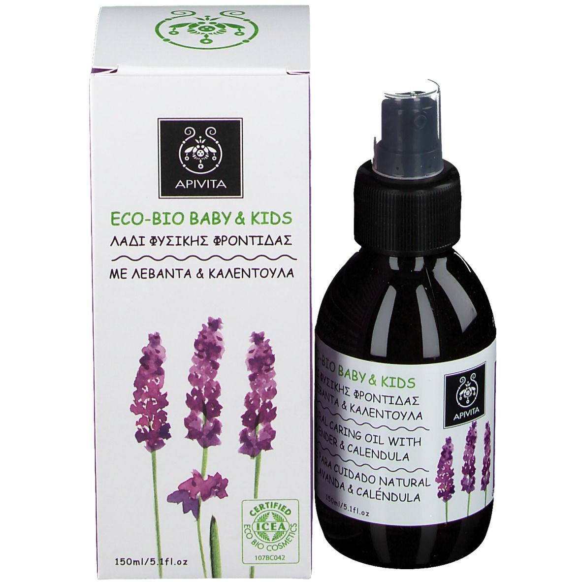 Confezione del prodotto con flacone. Scatola bianca con scritta: ECO-BIO BABY & KIDS, Natural Caring Oil. Logo Apivita. Certificazione.