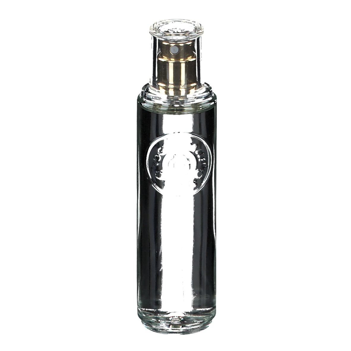 Flacone in vetro con vaporizzatore. Trasparente, con erogatore dorato. Logo sull'etichetta.