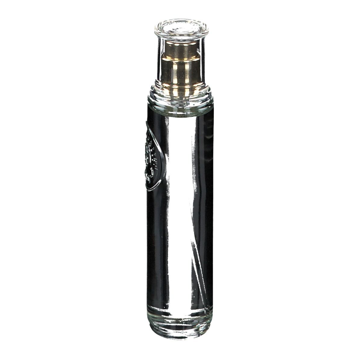 Flacone in vetro con vaporizzatore. Trasparente, con erogatore dorato. Logo sull'etichetta.