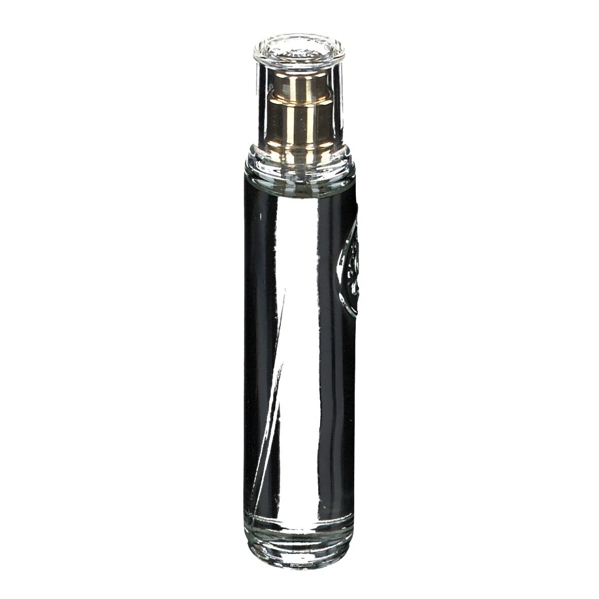 Flacone in vetro con vaporizzatore. Trasparente, con erogatore dorato. Logo sull'etichetta.