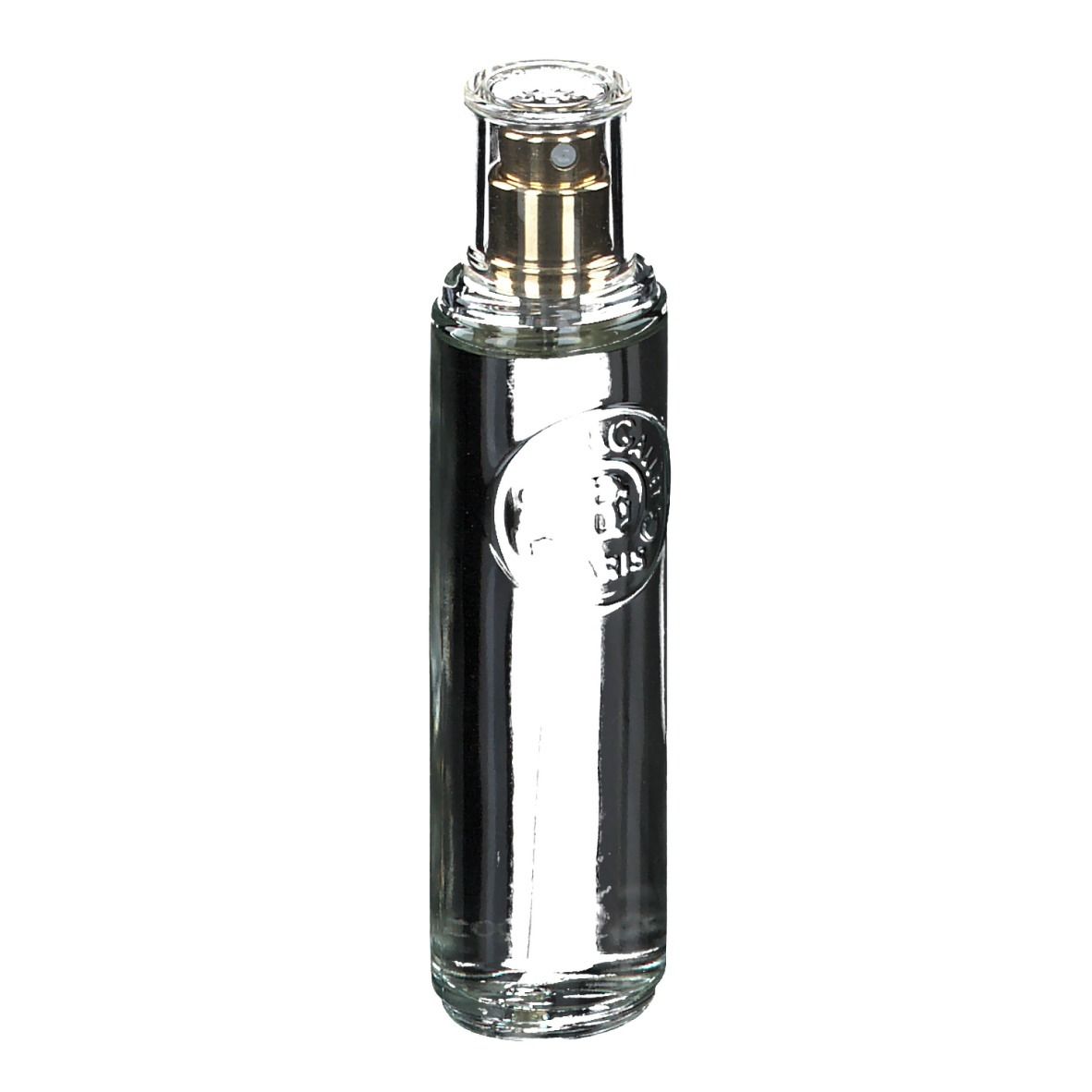 Flacone in vetro con vaporizzatore. Trasparente, con erogatore dorato. Logo sull'etichetta.