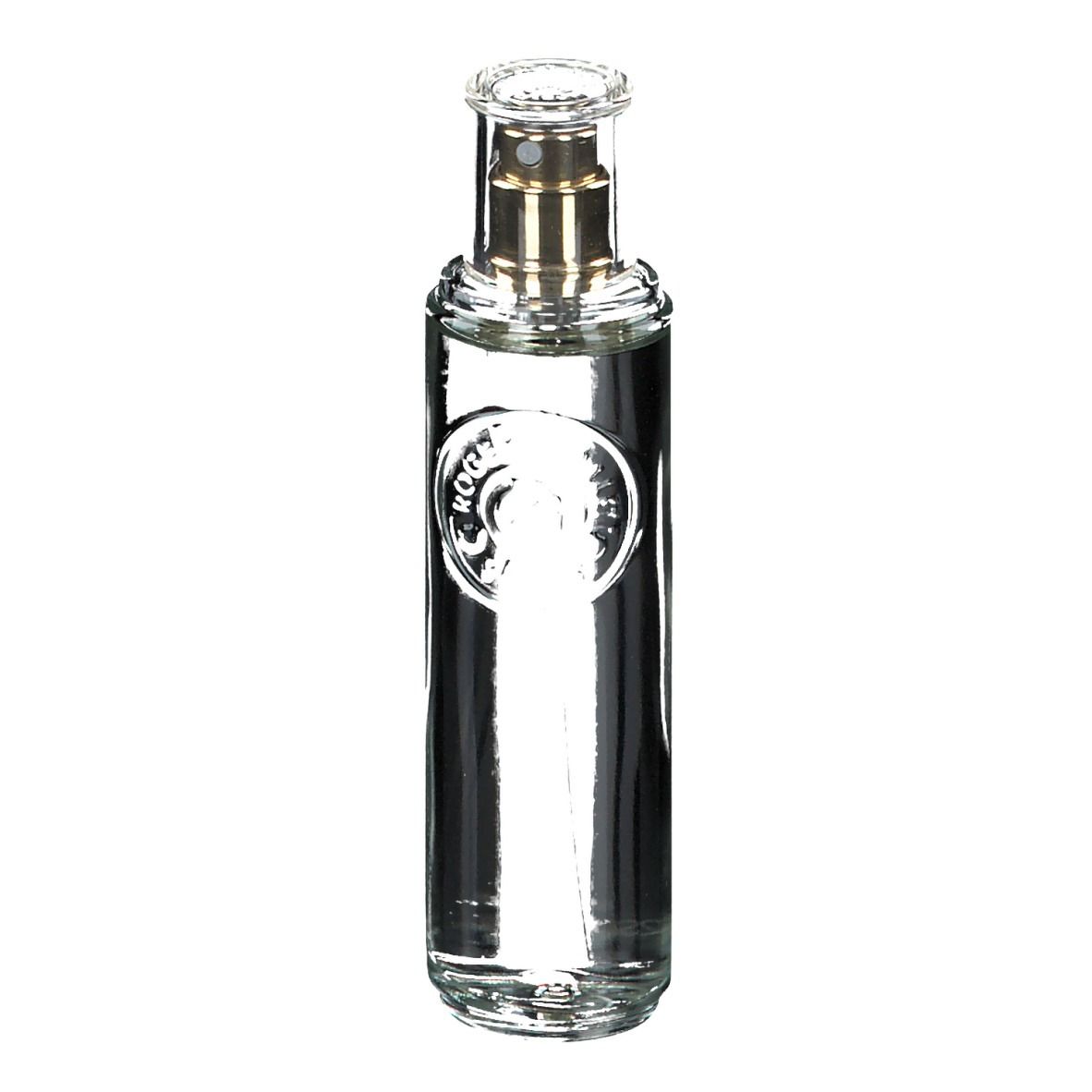 Flacone in vetro con vaporizzatore. Trasparente, con erogatore dorato. Logo sull'etichetta.